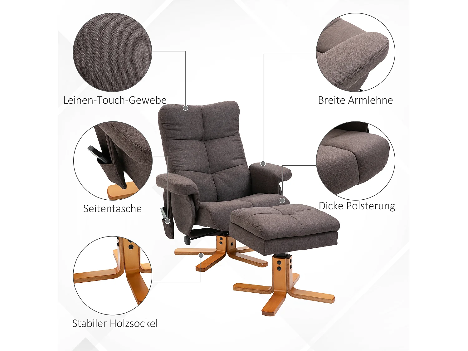 Fauteuil relax massant 360° con ottomane poliestere inclinabile 145° salon chambre brun 80x86x99 cm