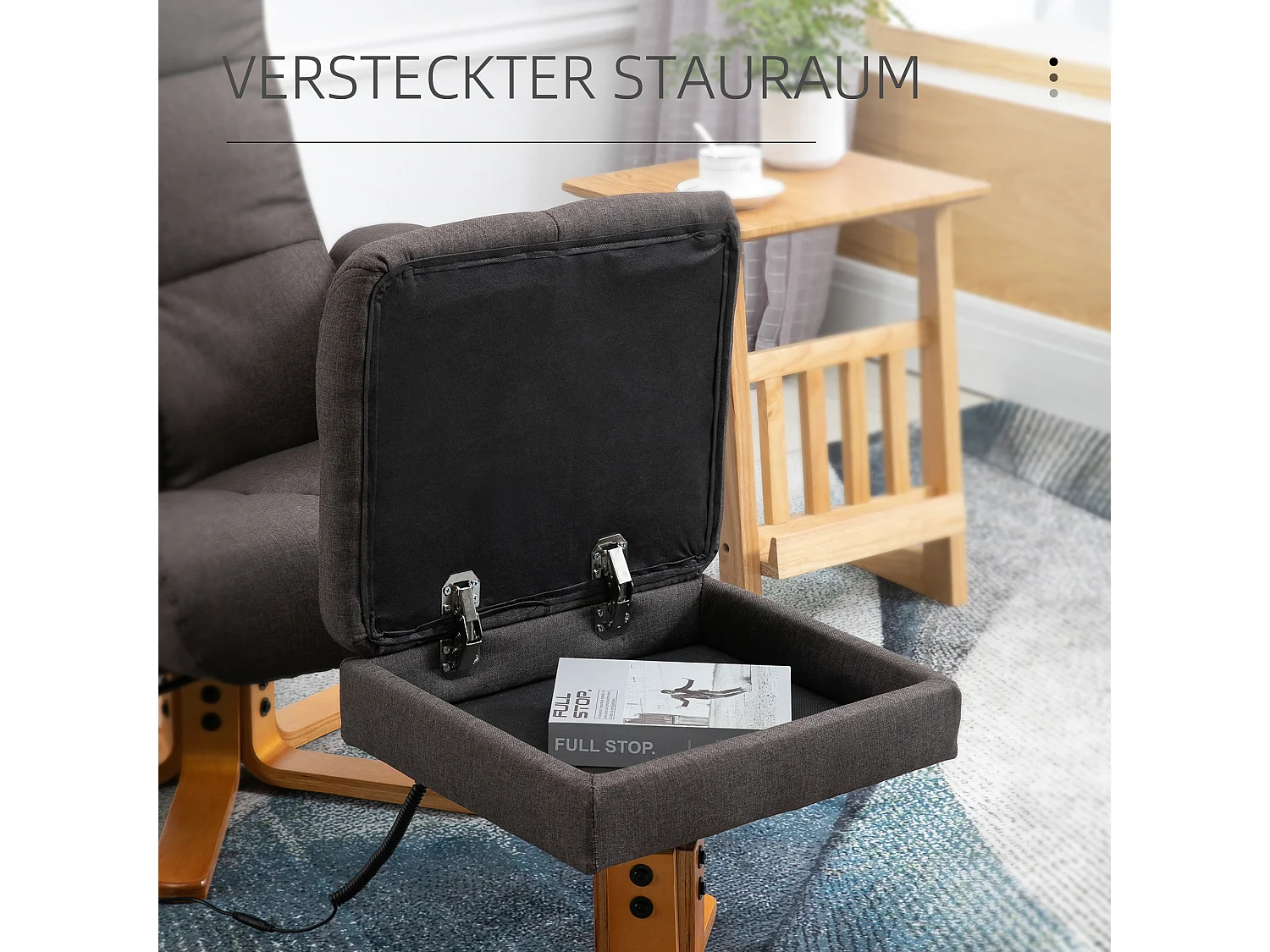 Poltrona de relaxamento com massagem 360° e pufe de poliéster reclinável 145° sala de estar quarto marrom 80x86x99 cm