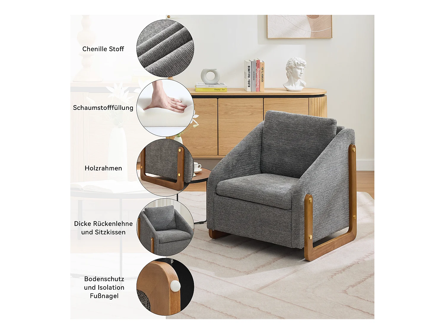 Sillón de chenilla gris para salón o dormitorio, con reposabrazos de madera, 73,5 x 73,5 x 73,5 cm