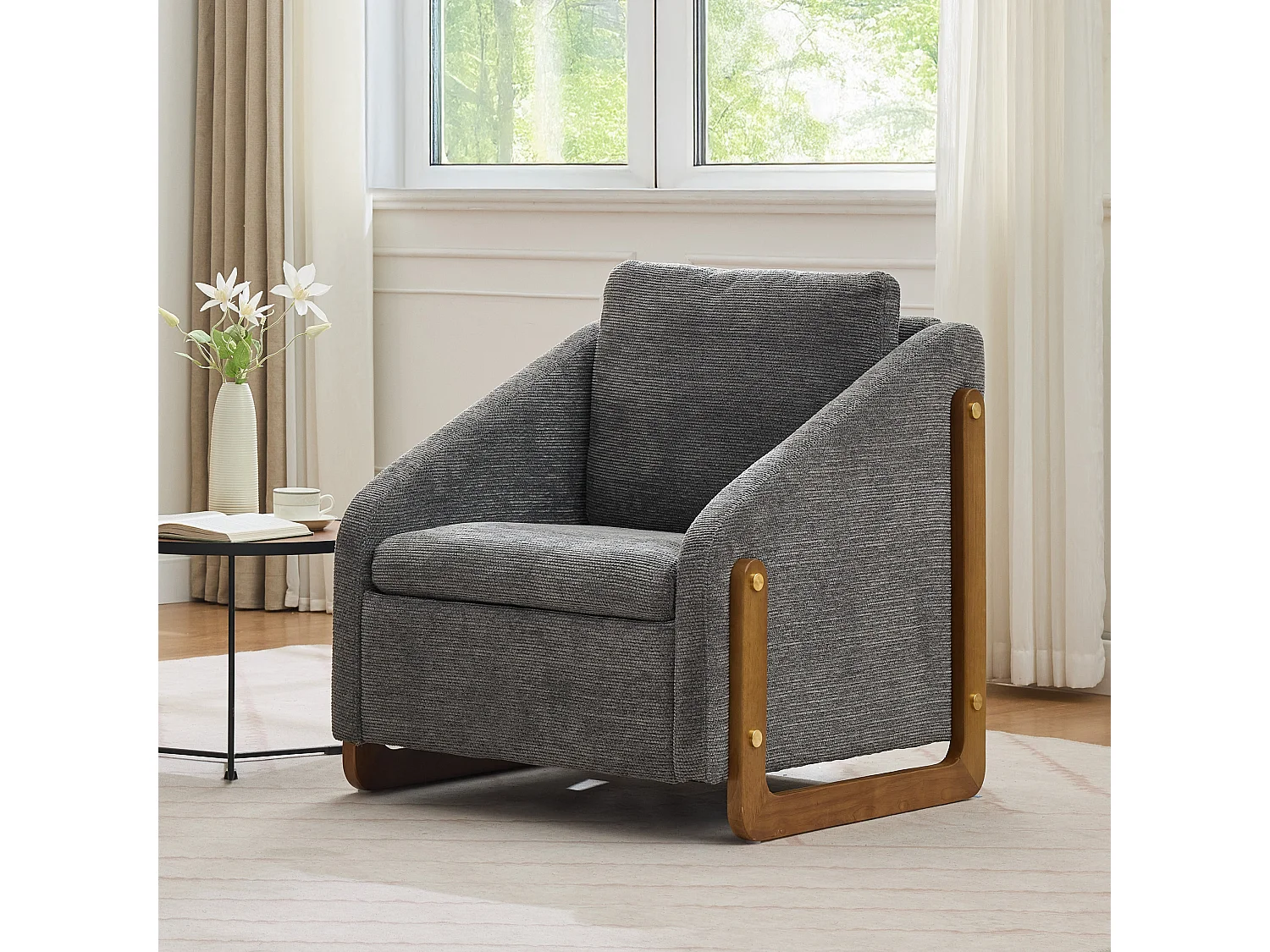 Fauteuil lounge chenille gris chaise salon chambre accoudoirs bois 73,5x73,5x73,5cm