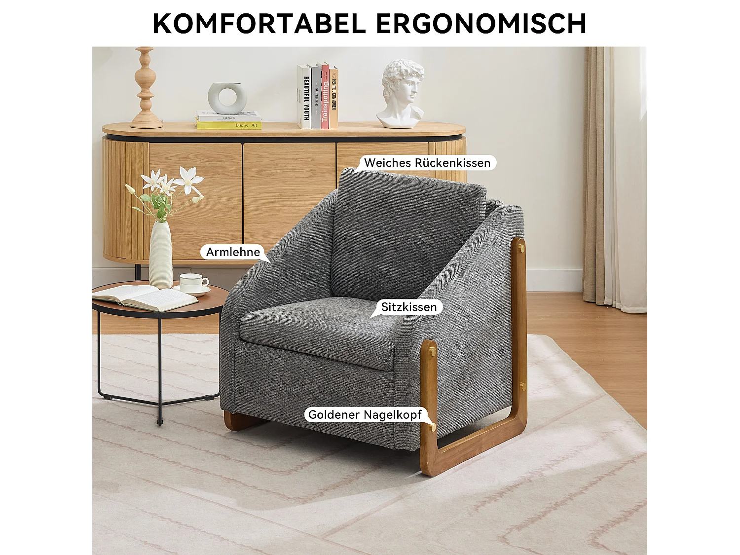 Fauteuil lounge chenille gris chaise salon chambre accoudoirs bois 73,5x73,5x73,5cm