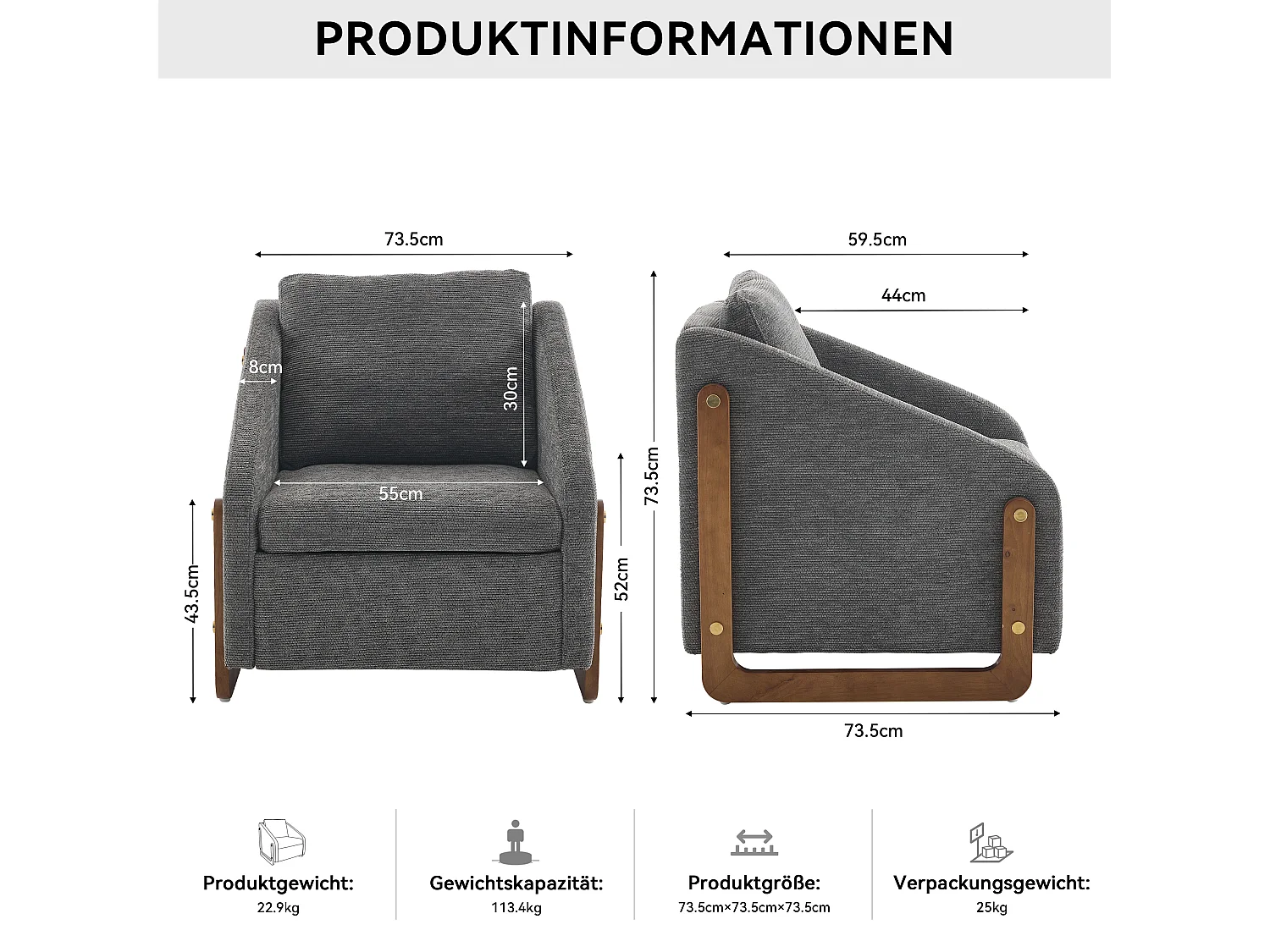 Fauteuil lounge chenille gris chaise salon chambre accoudoirs bois 73,5x73,5x73,5cm