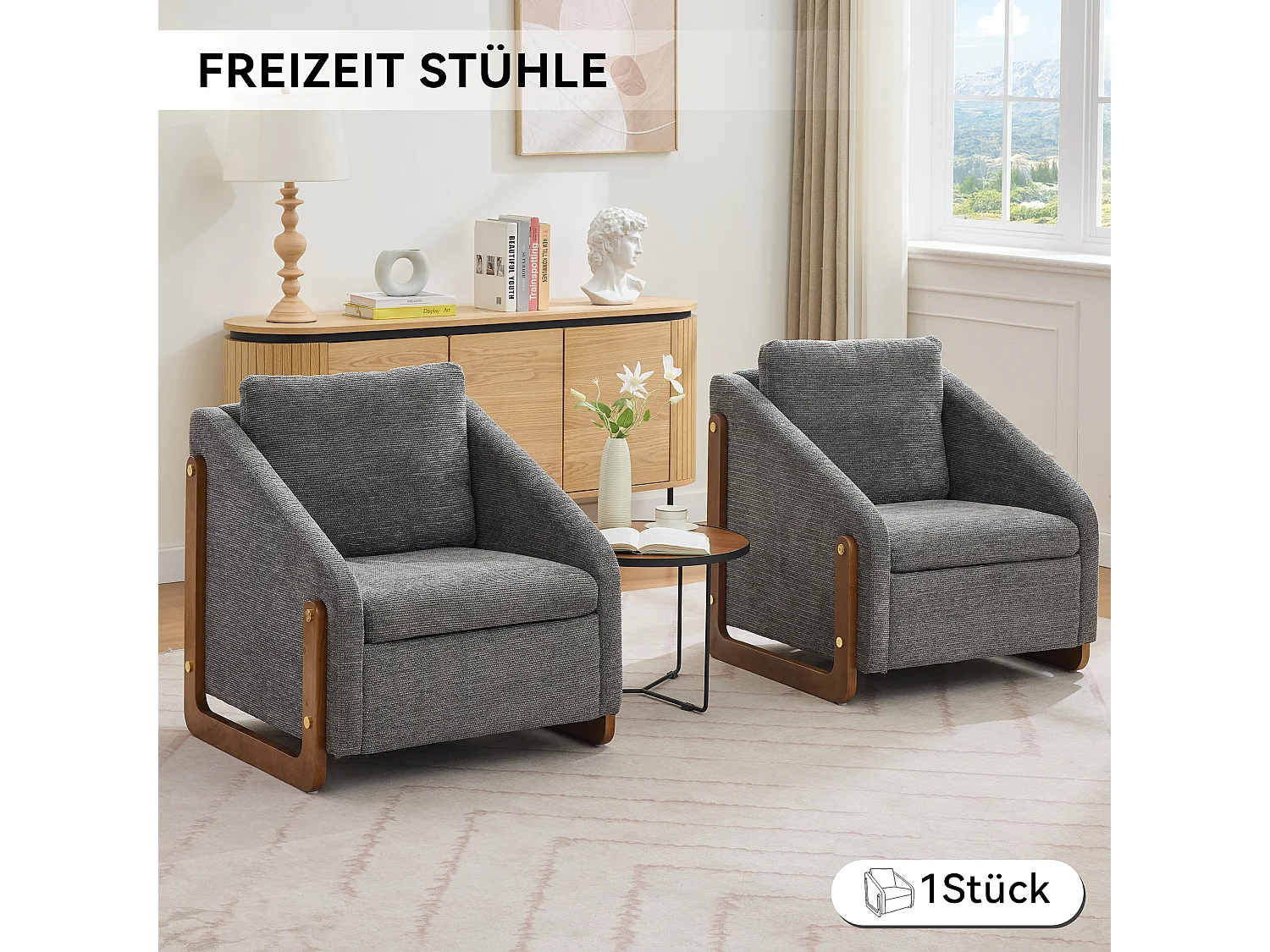 Fauteuil lounge chenille gris chaise salon chambre accoudoirs bois 73,5x73,5x73,5cm