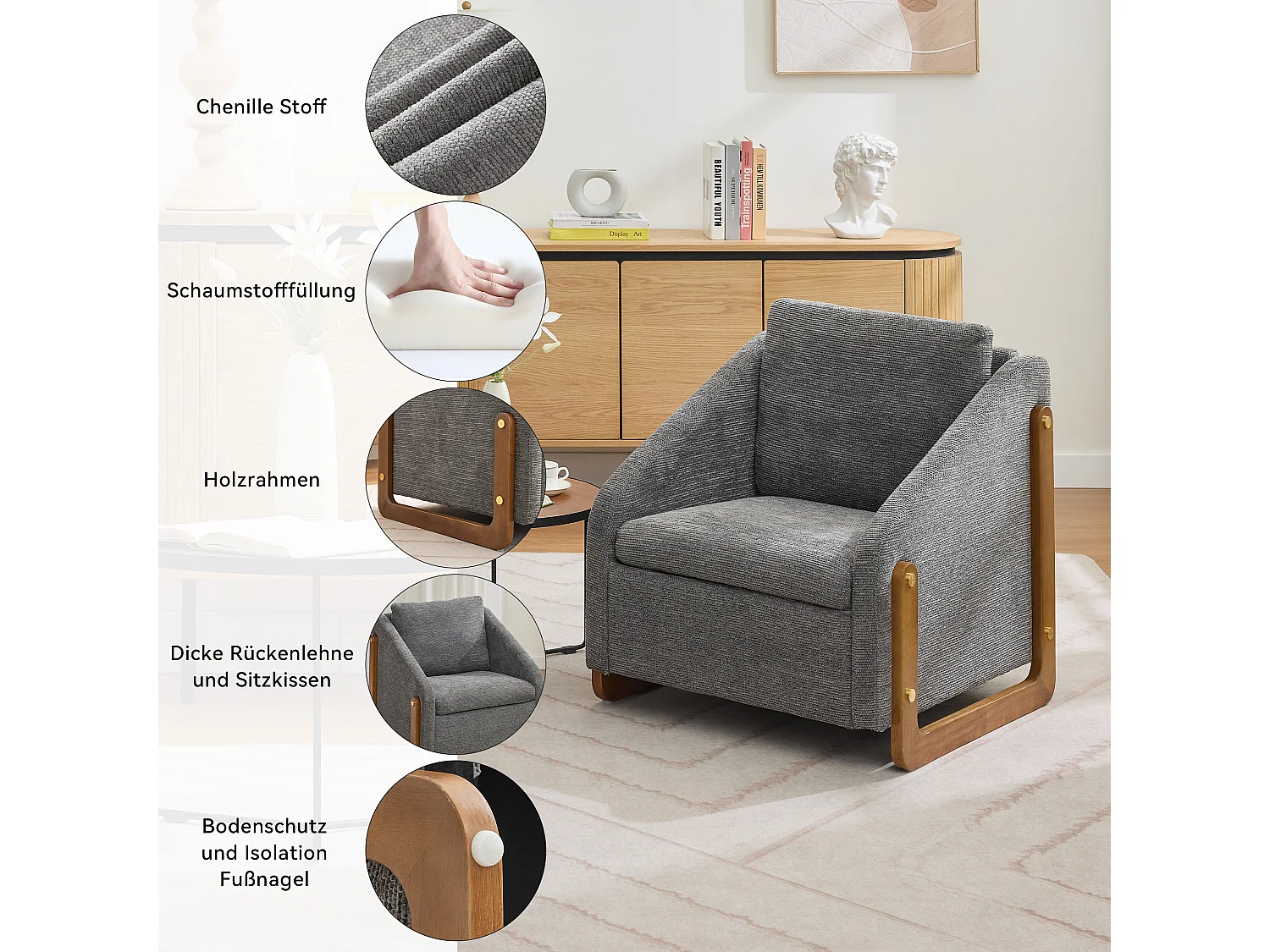 Fauteuil lounge chenille gris chaise salon chambre accoudoirs bois 73,5x73,5x73,5cm