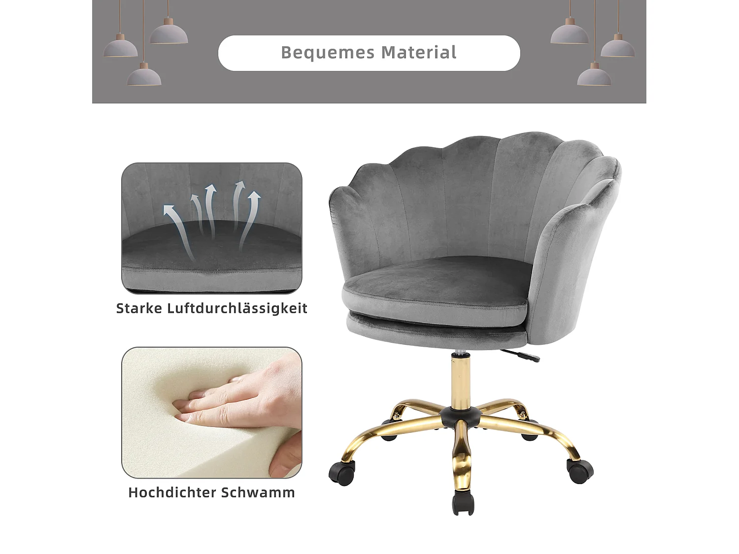 Silla de oficina giratoria ajustable de terciopelo con ruedas, cómoda silla de maquillaje