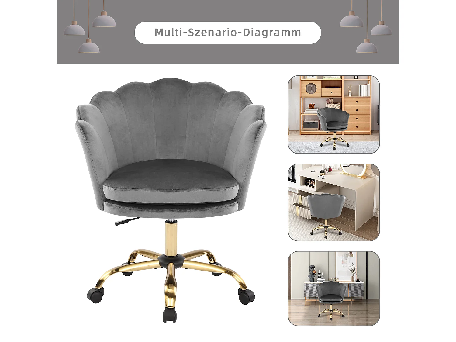 Silla de oficina giratoria ajustable de terciopelo con ruedas, cómoda silla de maquillaje