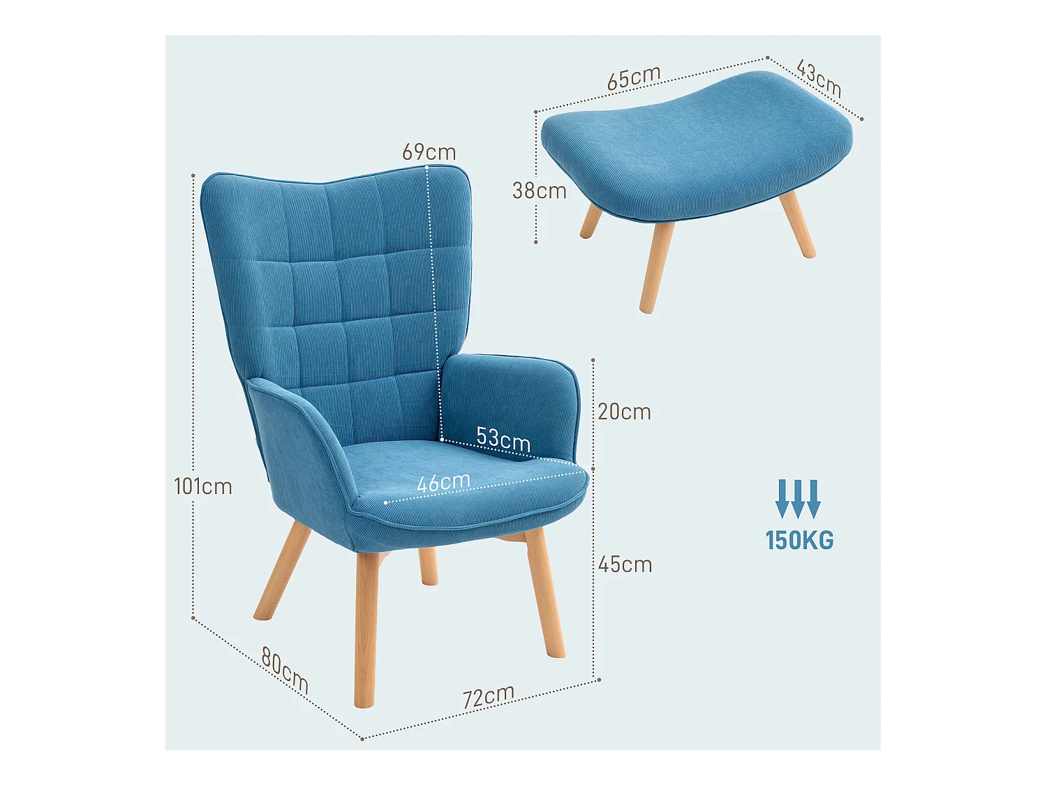 Poltrona in Velluto Blu con Poggiapiedi - Comodo Salotto Lounge 72x80x101 cm