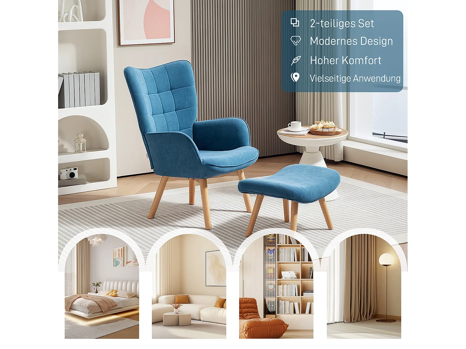 Poltrona in Velluto Blu con Poggiapiedi - Comodo Salotto Lounge 72x80x101 cm