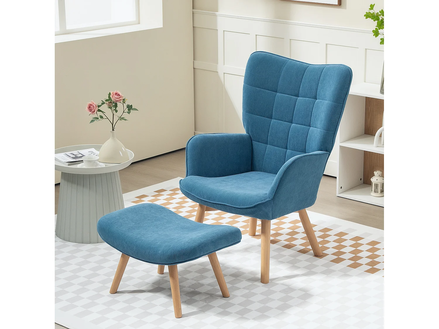 Sillón con reposapiés de pana, sillón de salón con reposabrazos azul 72x80x101 cm