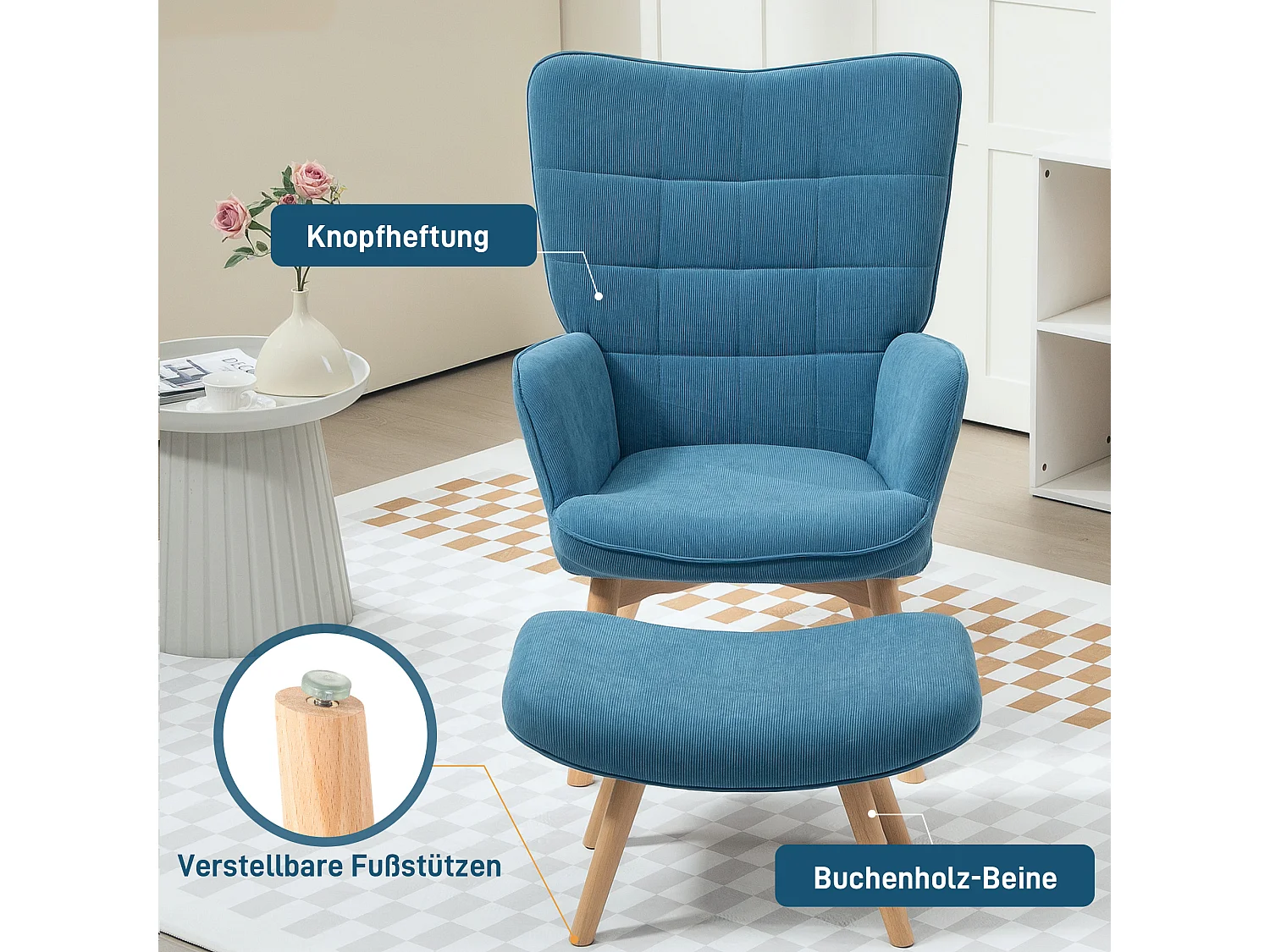 Sillón con reposapiés de pana, sillón de salón con reposabrazos azul 72x80x101 cm