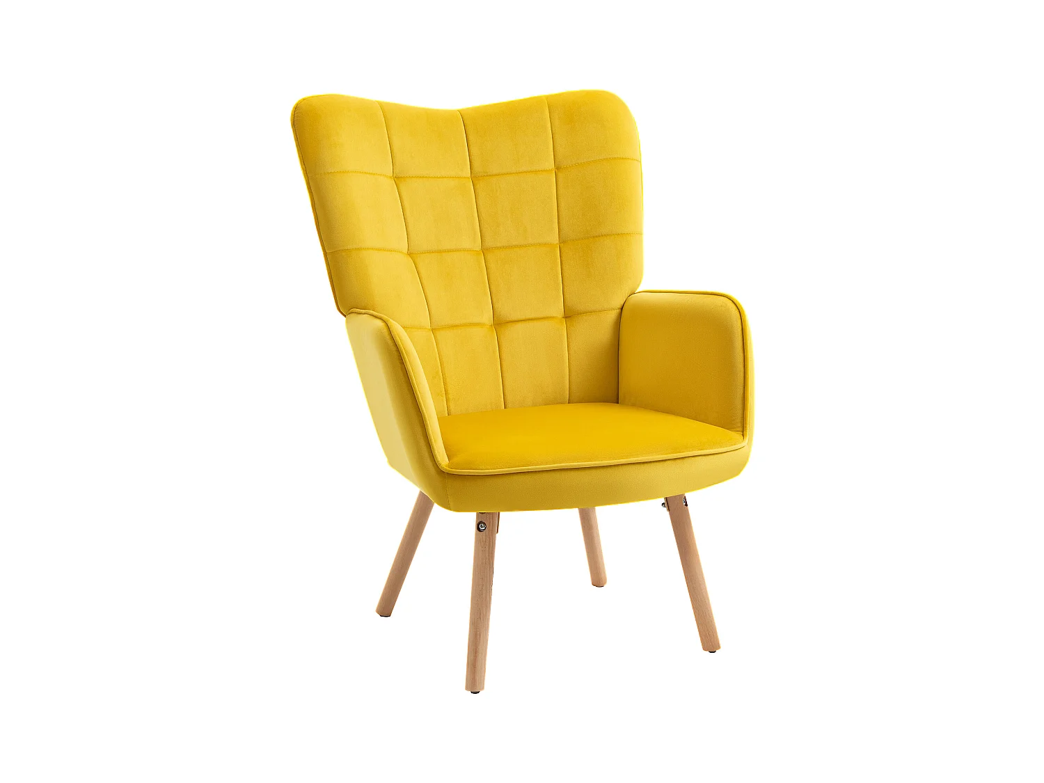 Sillón orejero de terciopelo con reposabrazos y patas de madera para salón dormitorio amarillo