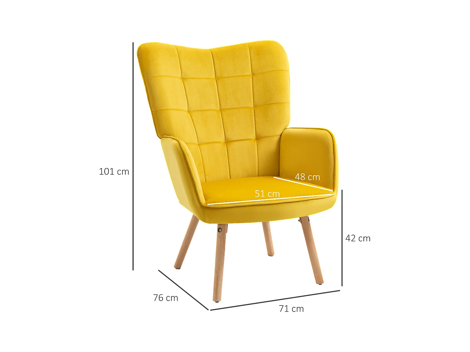 Sillón orejero de terciopelo con reposabrazos y patas de madera para salón dormitorio amarillo