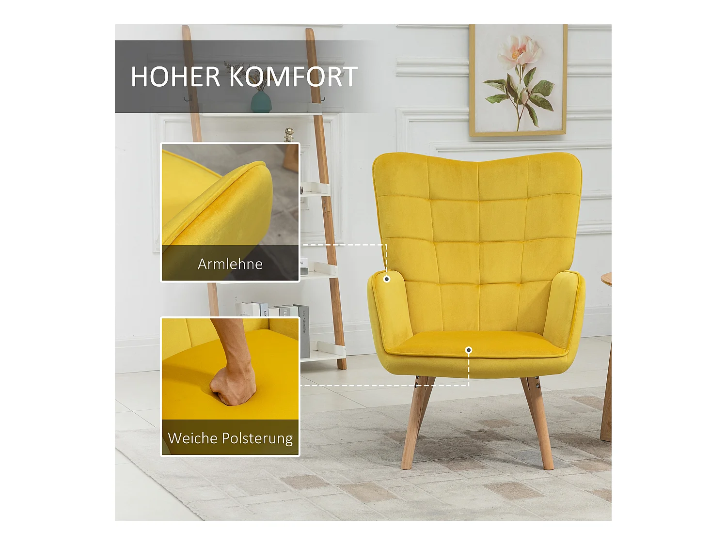 Sillón orejero de terciopelo con reposabrazos y patas de madera para salón dormitorio amarillo