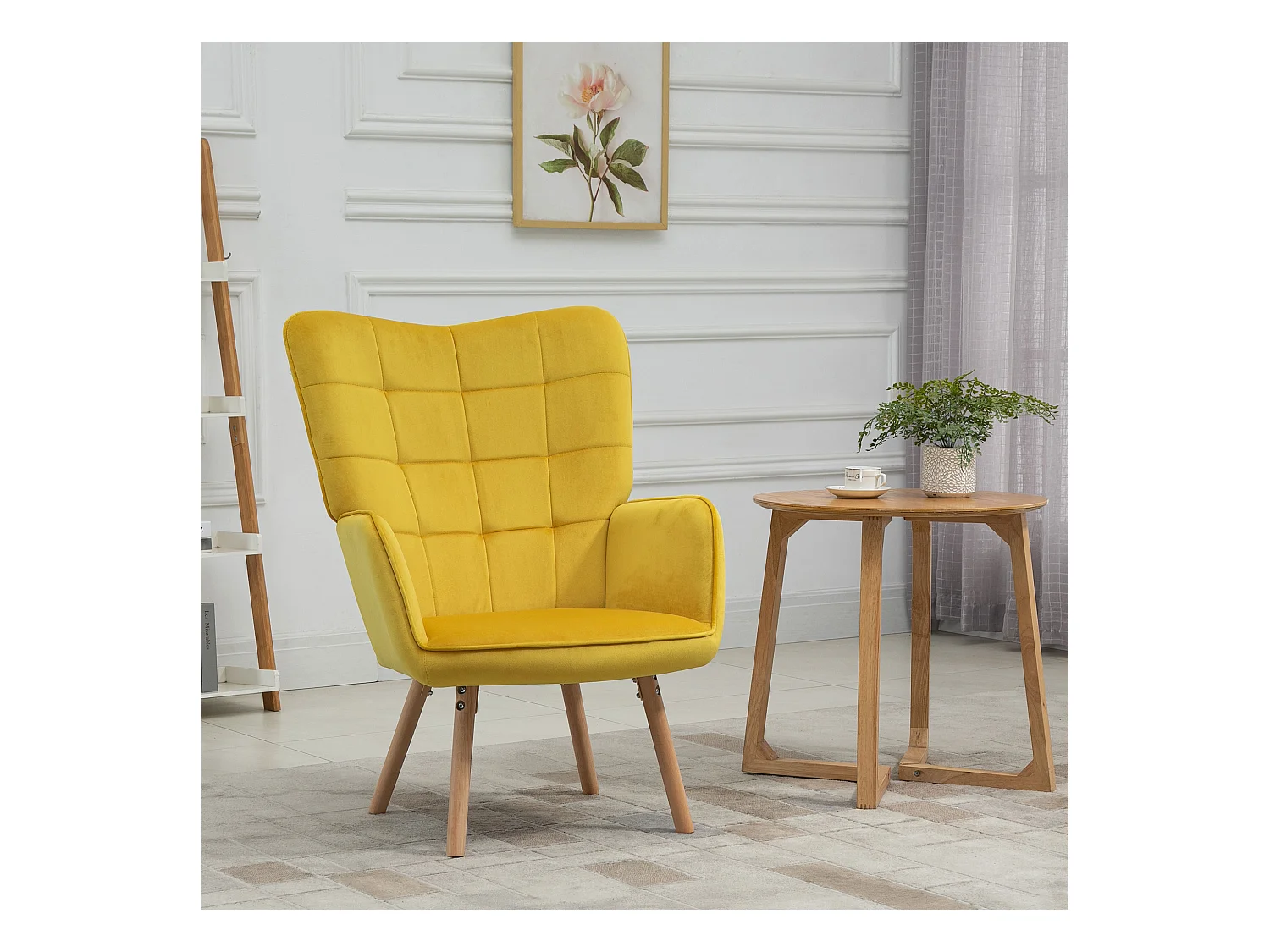 Fauteuil oreilles en velours con accoudoirs et pieds bois pour salon chambre jaune