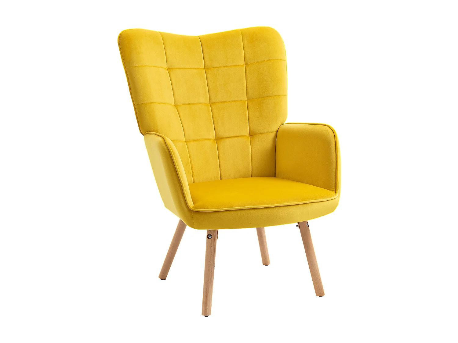 Fauteuil oreilles en velours con accoudoirs et pieds bois pour salon chambre jaune