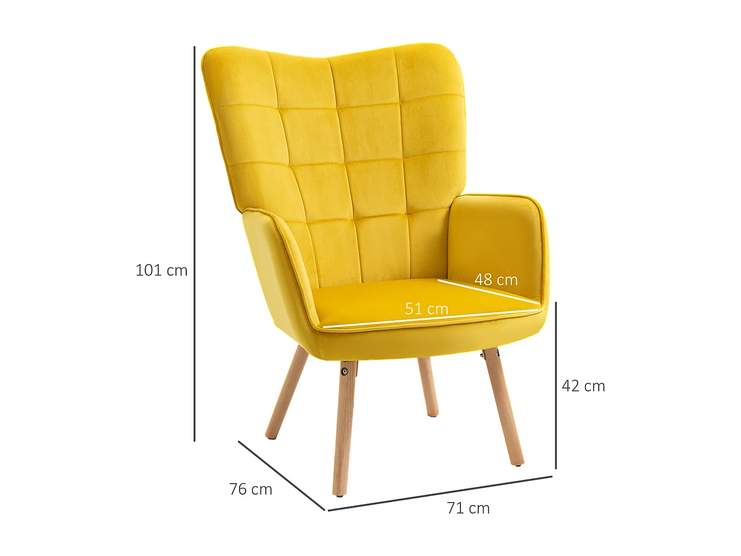 Fauteuil oreilles en velours con accoudoirs et pieds bois pour salon chambre jaune