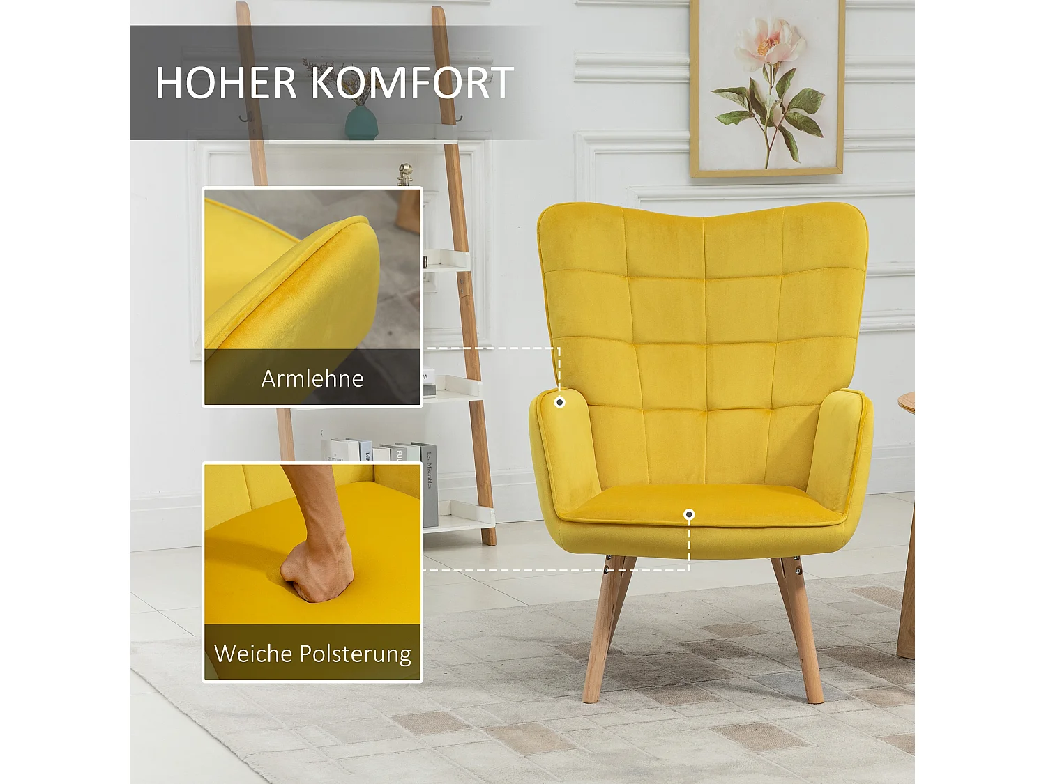 Fauteuil oreilles en velours con accoudoirs et pieds bois pour salon chambre jaune