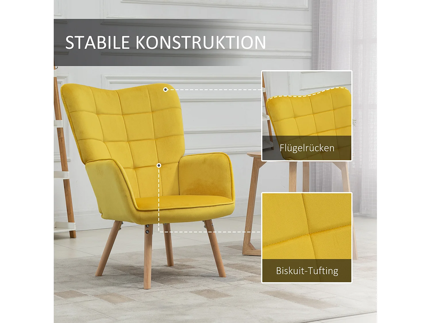 Fauteuil oreilles en velours con accoudoirs et pieds bois pour salon chambre jaune