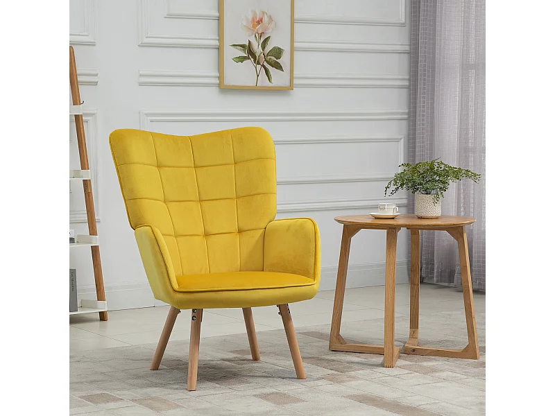 Fauteuil oreilles en velours con accoudoirs et pieds bois pour salon chambre jaune