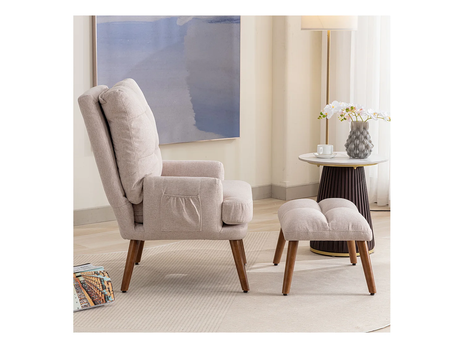 Poltrona lounge con poggiapiedi regolabile in 5 posizioni, tessuto confortevole beige per salone