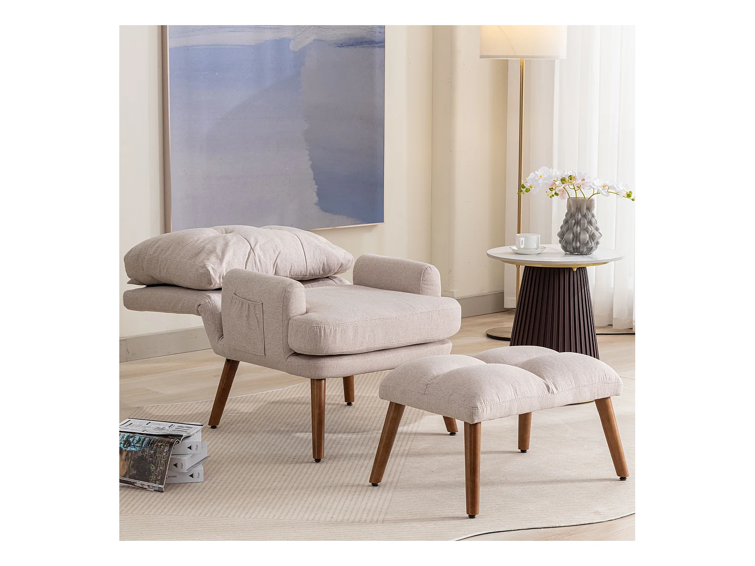 Poltrona lounge con poggiapiedi regolabile in 5 posizioni, tessuto confortevole beige per salone