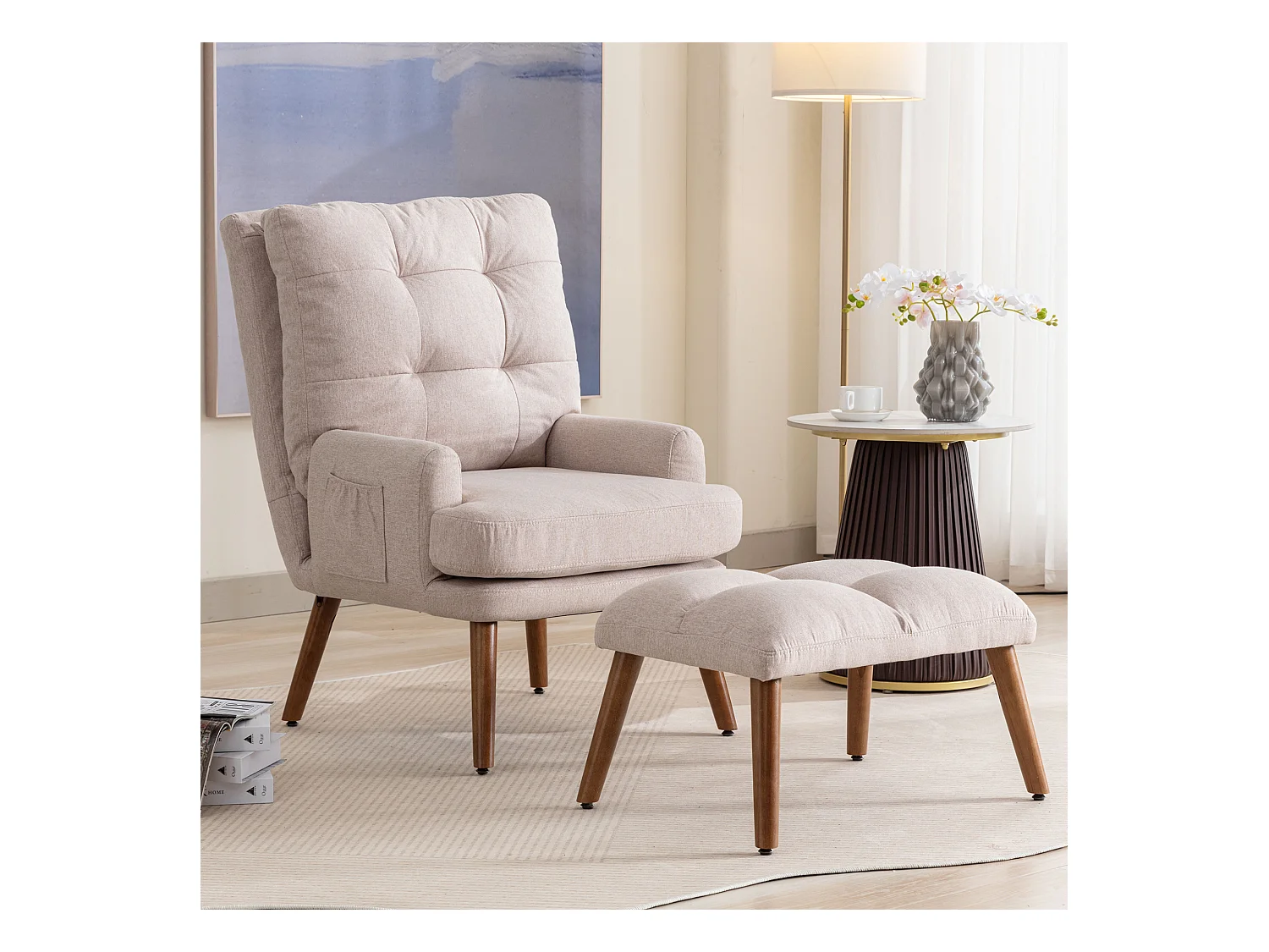 Fauteuil lounge avec repose-pieds réglable 5 positions tissu confortable beige pour salon