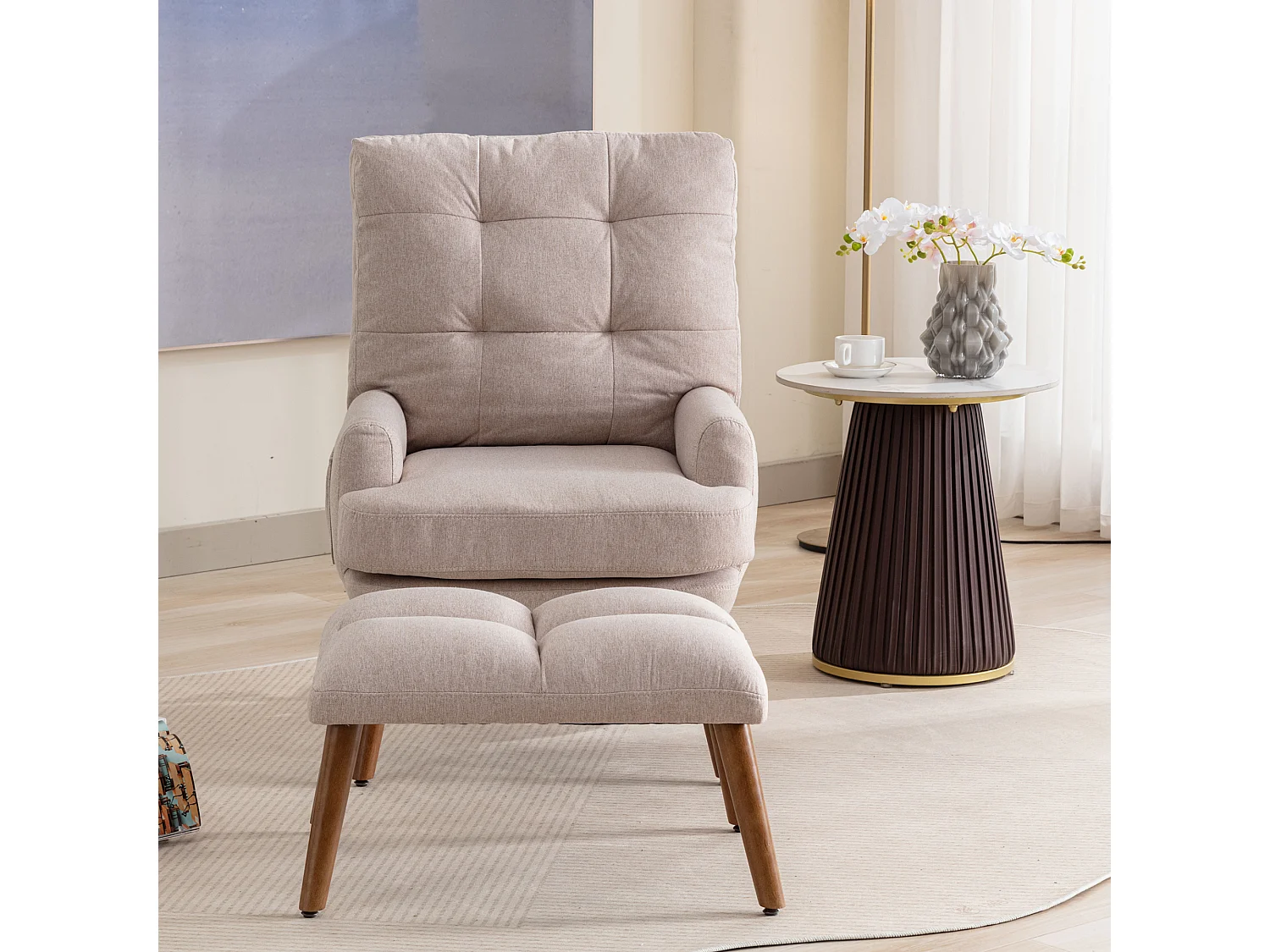 Poltrona lounge con poggiapiedi regolabile in 5 posizioni, tessuto confortevole beige per salone