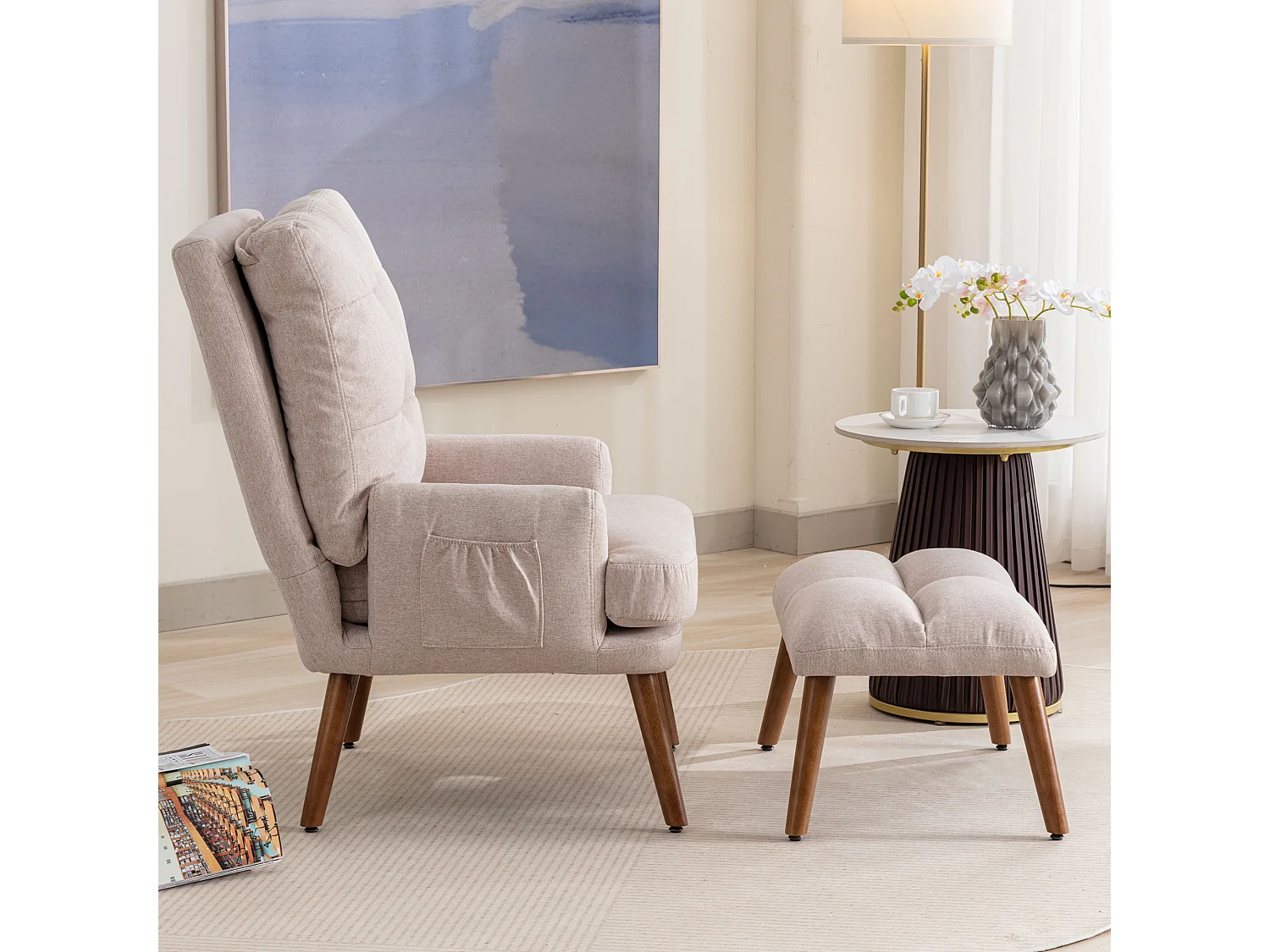 Poltrona lounge con poggiapiedi regolabile in 5 posizioni, tessuto confortevole beige per salone