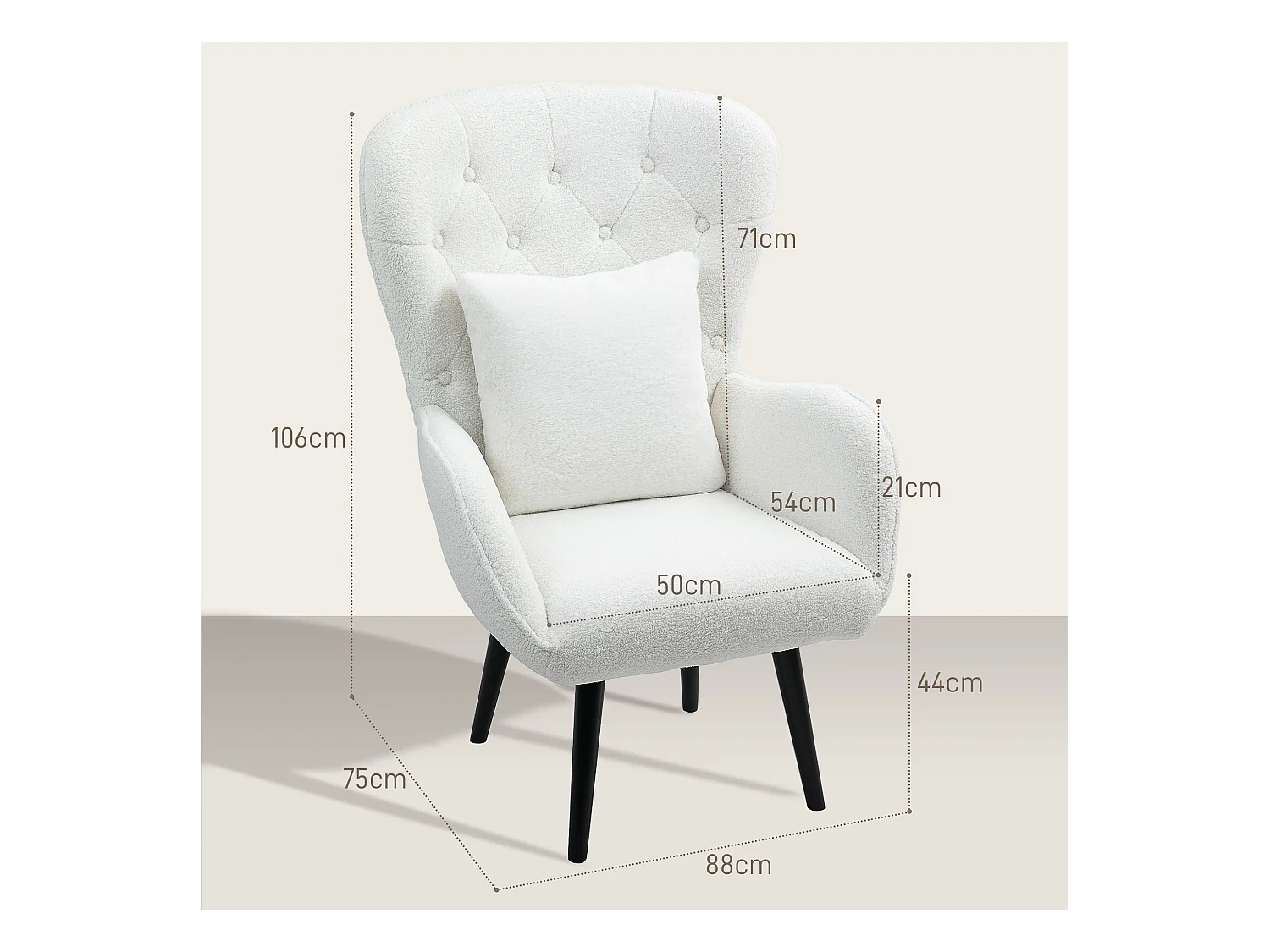 Poltrona lounge em pelúcia com encosto acolchoado e almofada lombar para sala quarto branca