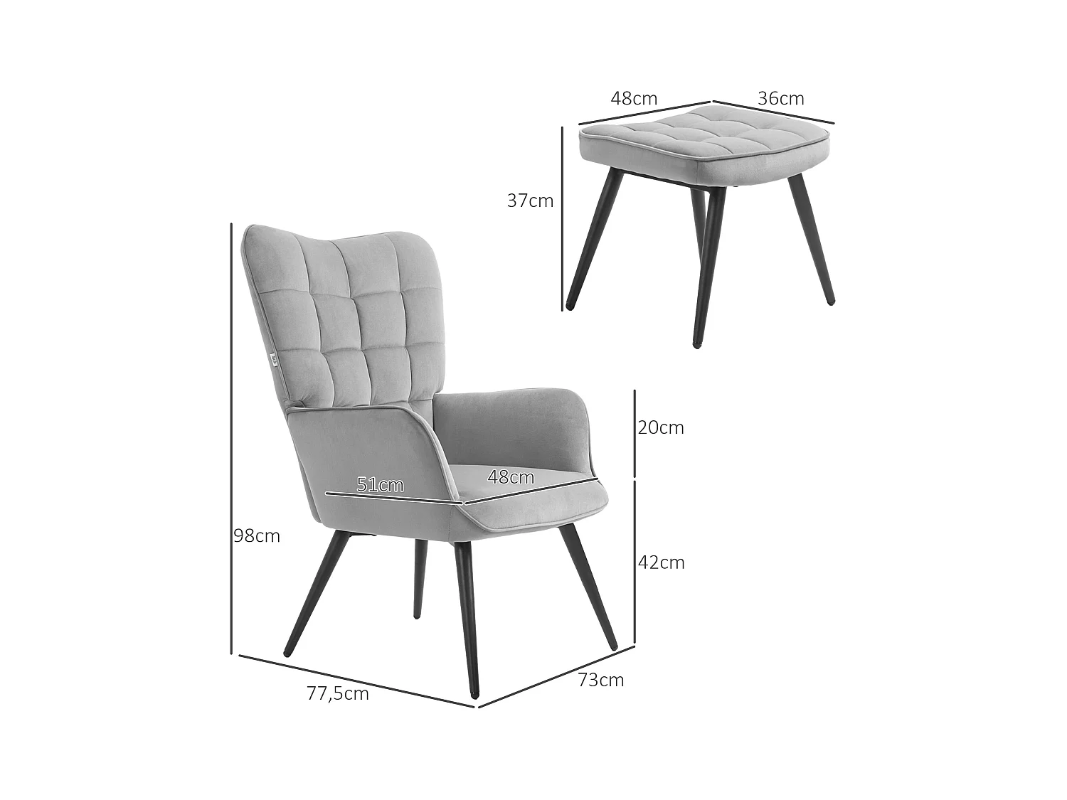 Sillón de terciopelo con reposapiés, 2 piezas, salón, oficina, relax, gris claro, 73x77,5x98 cm