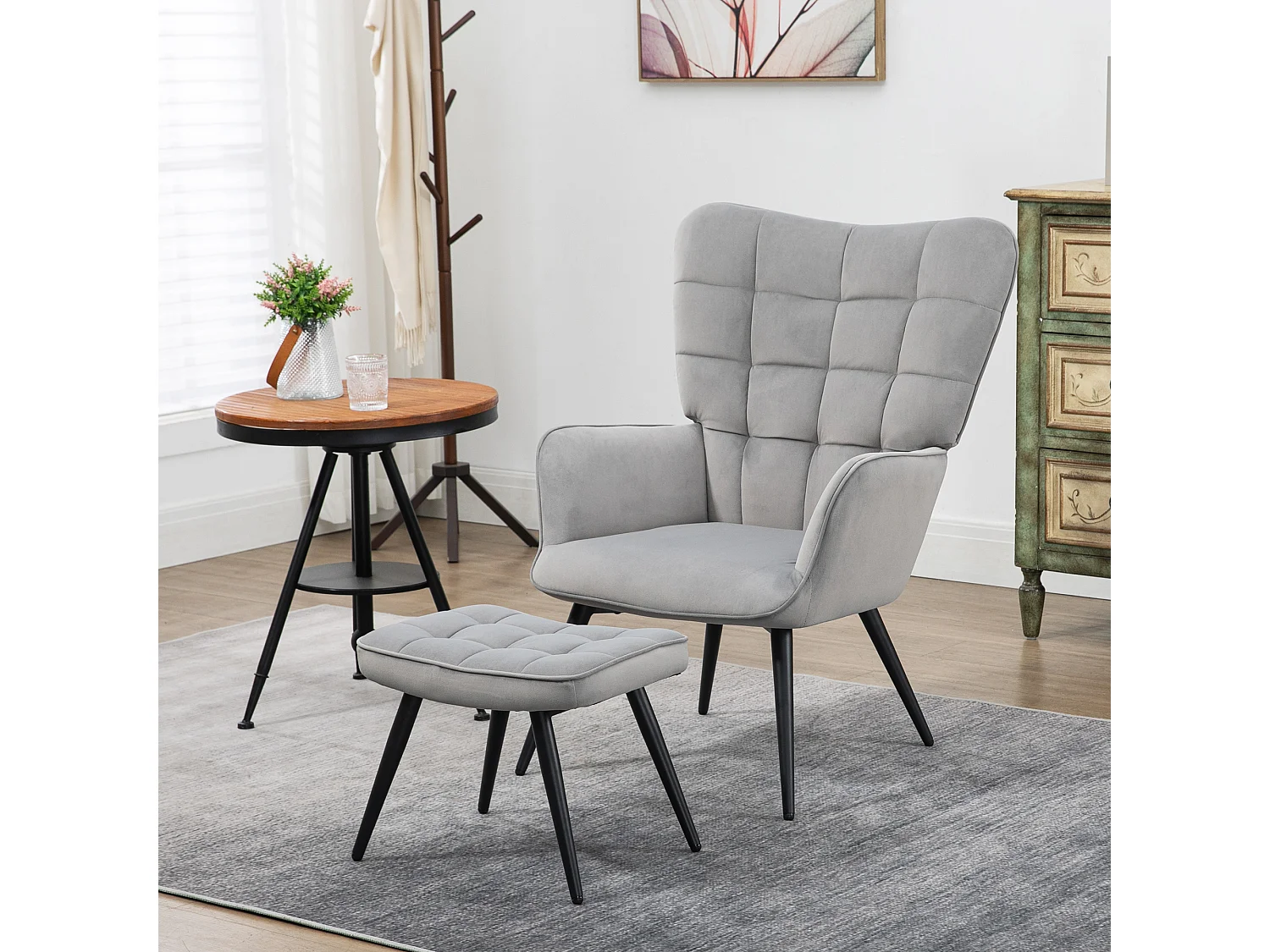 Fauteuil oreiller avec repose-pieds velours 2 pièces salon bureau relax gris clair 73x77,5x98 cm