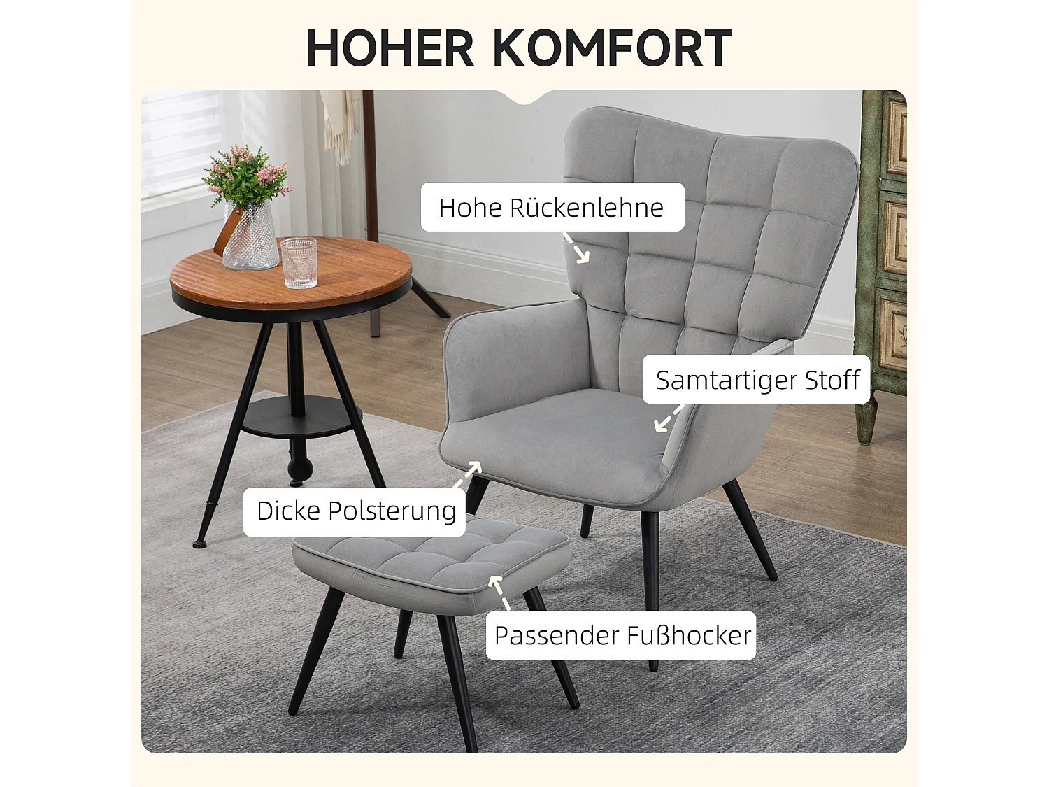 Fauteuil oreiller avec repose-pieds velours 2 pièces salon bureau relax gris clair 73x77,5x98 cm