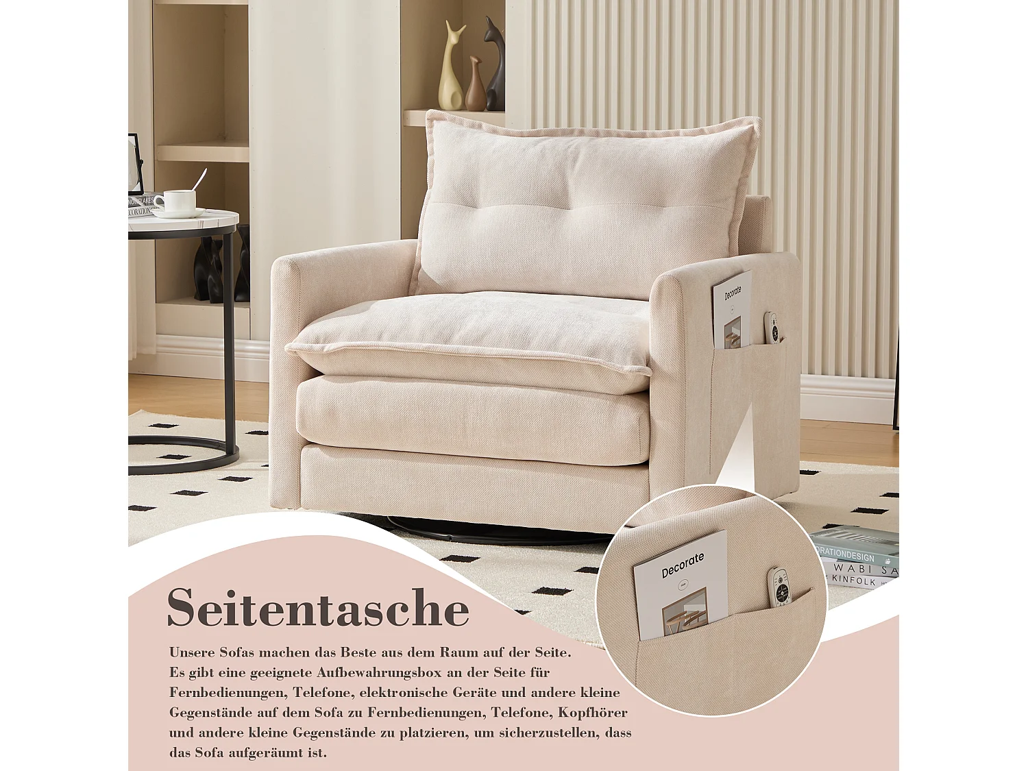 Cómoda silla giratoria de 360° de tela con reposabrazos para sala de estar, dormitorio, oficina, color gris.