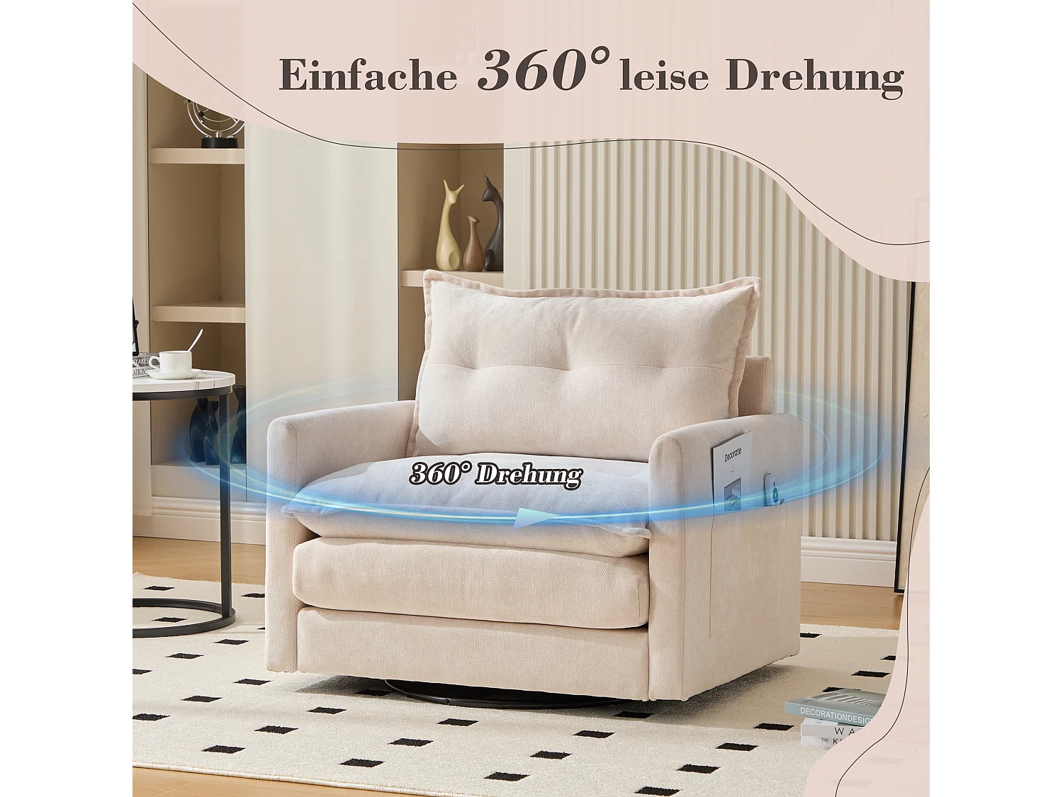 Cómoda silla giratoria de 360° de tela con reposabrazos para sala de estar, dormitorio, oficina, color gris.