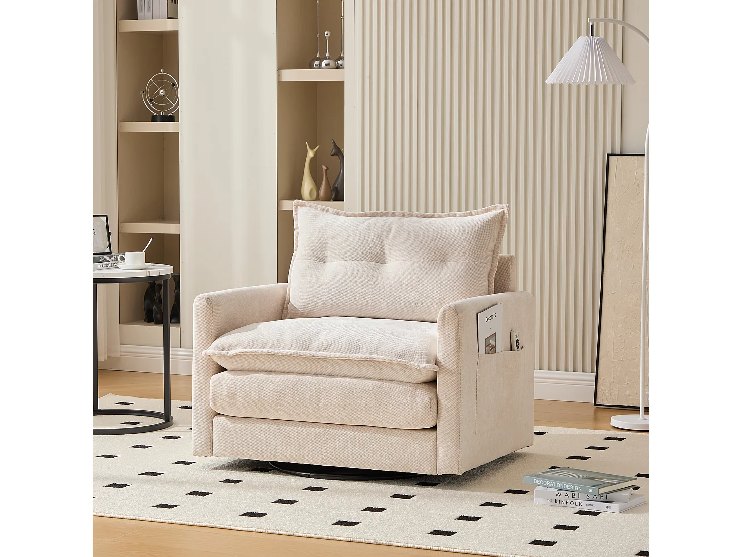 Cómoda silla giratoria de 360° de tela con reposabrazos para sala de estar, dormitorio, oficina, color gris.