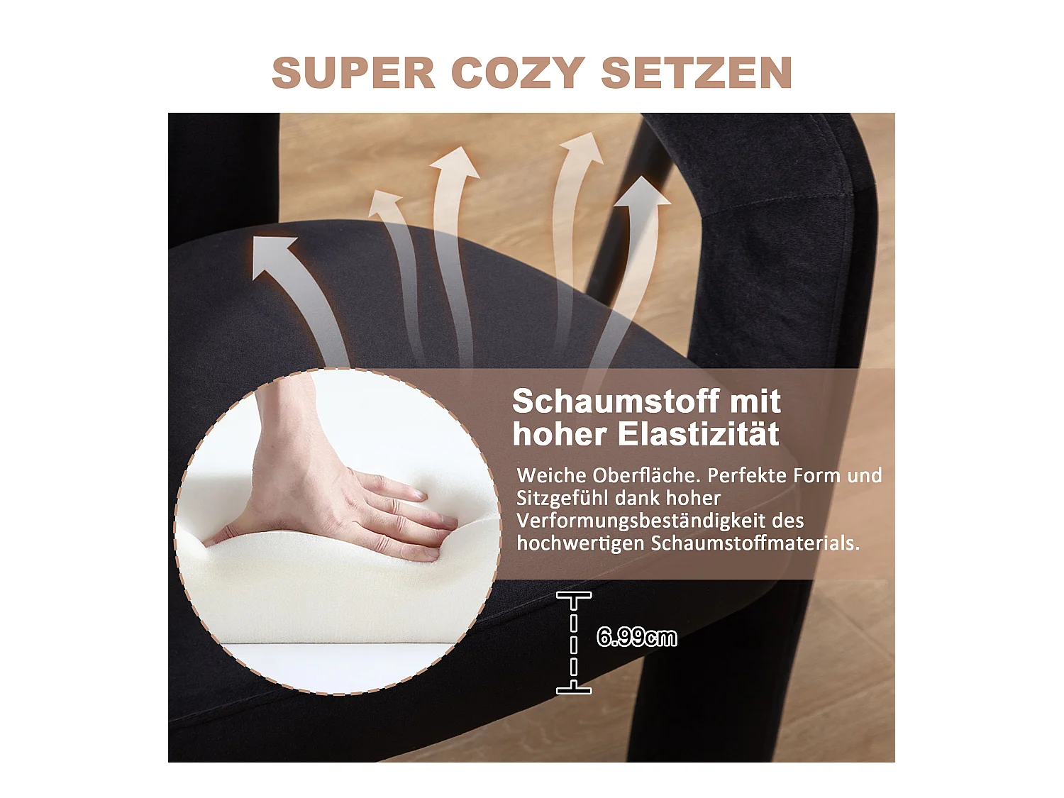 Chaises salle à manger velluto moderne lotto di 2 con cartella ergonomica piedi legno grigio confortevole