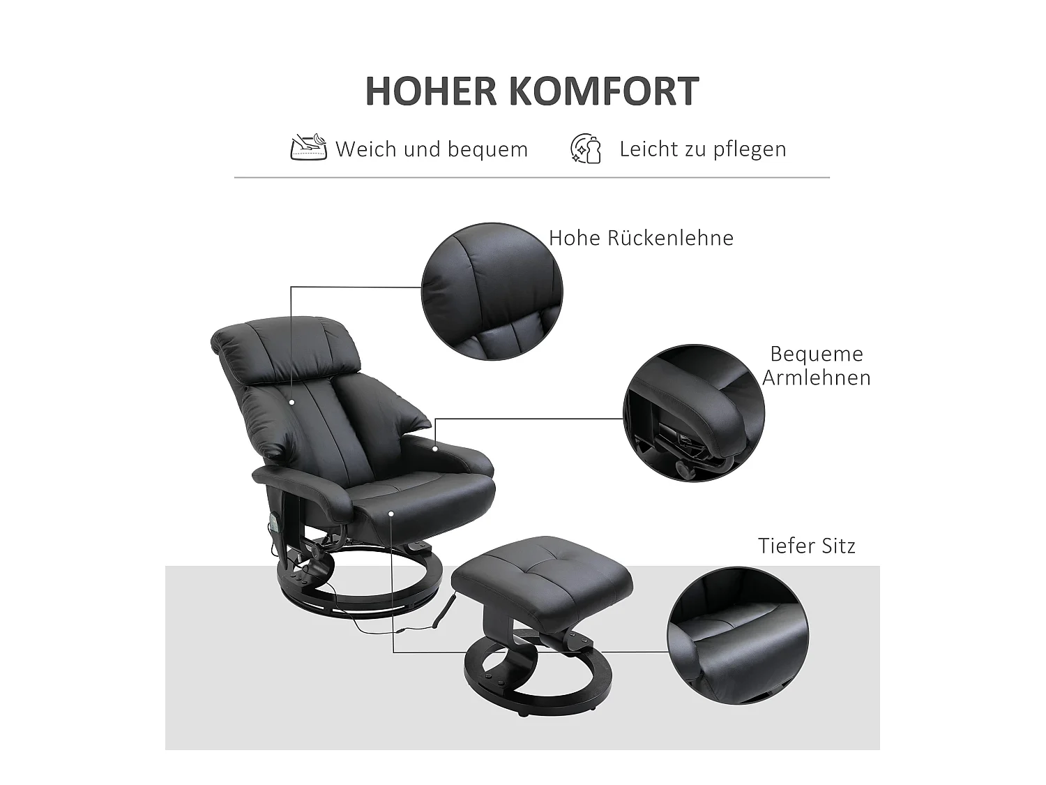 Poltrona TV inclinabile con ottomane in pelle sintetica poltrona relax pivotant 360° 76x80x102 cm