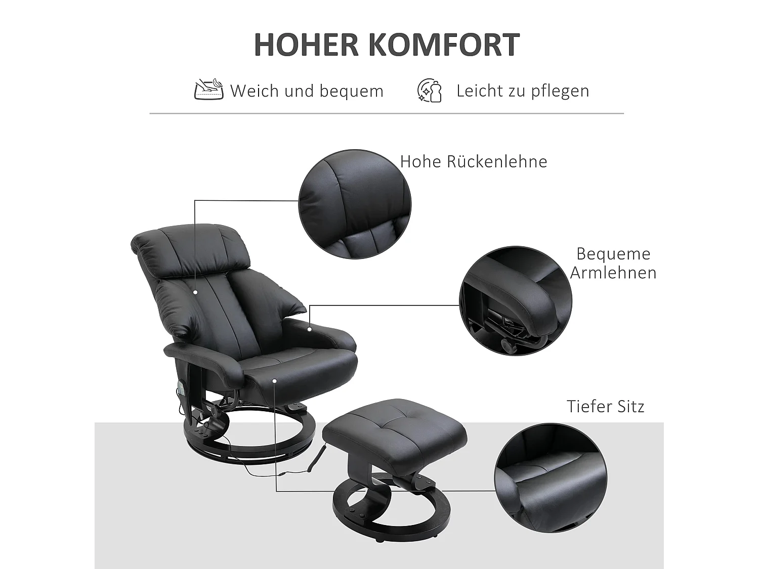 Poltrona TV inclinabile con ottomane in pelle sintetica poltrona relax pivotant 360° 76x80x102 cm