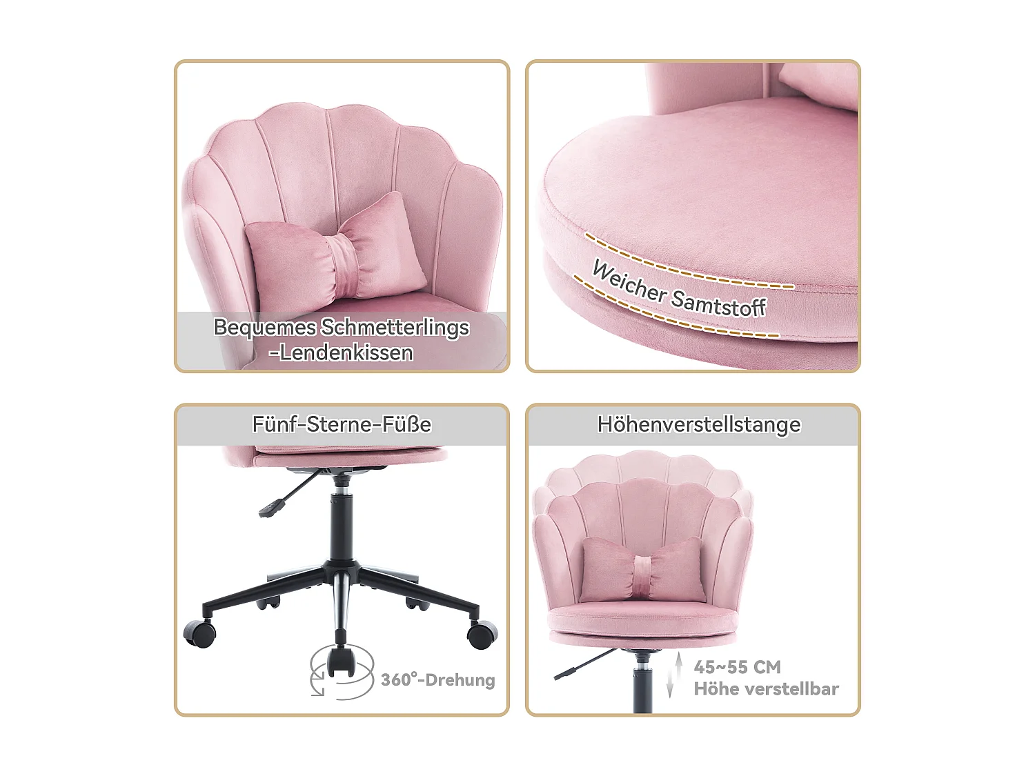 Silla de oficina de terciopelo con respaldo de pétalos y cojín lumbar giratorio ajustable en gris