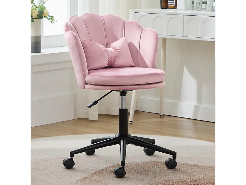 Silla de oficina de terciopelo con respaldo de pétalos y cojín lumbar giratorio ajustable en gris