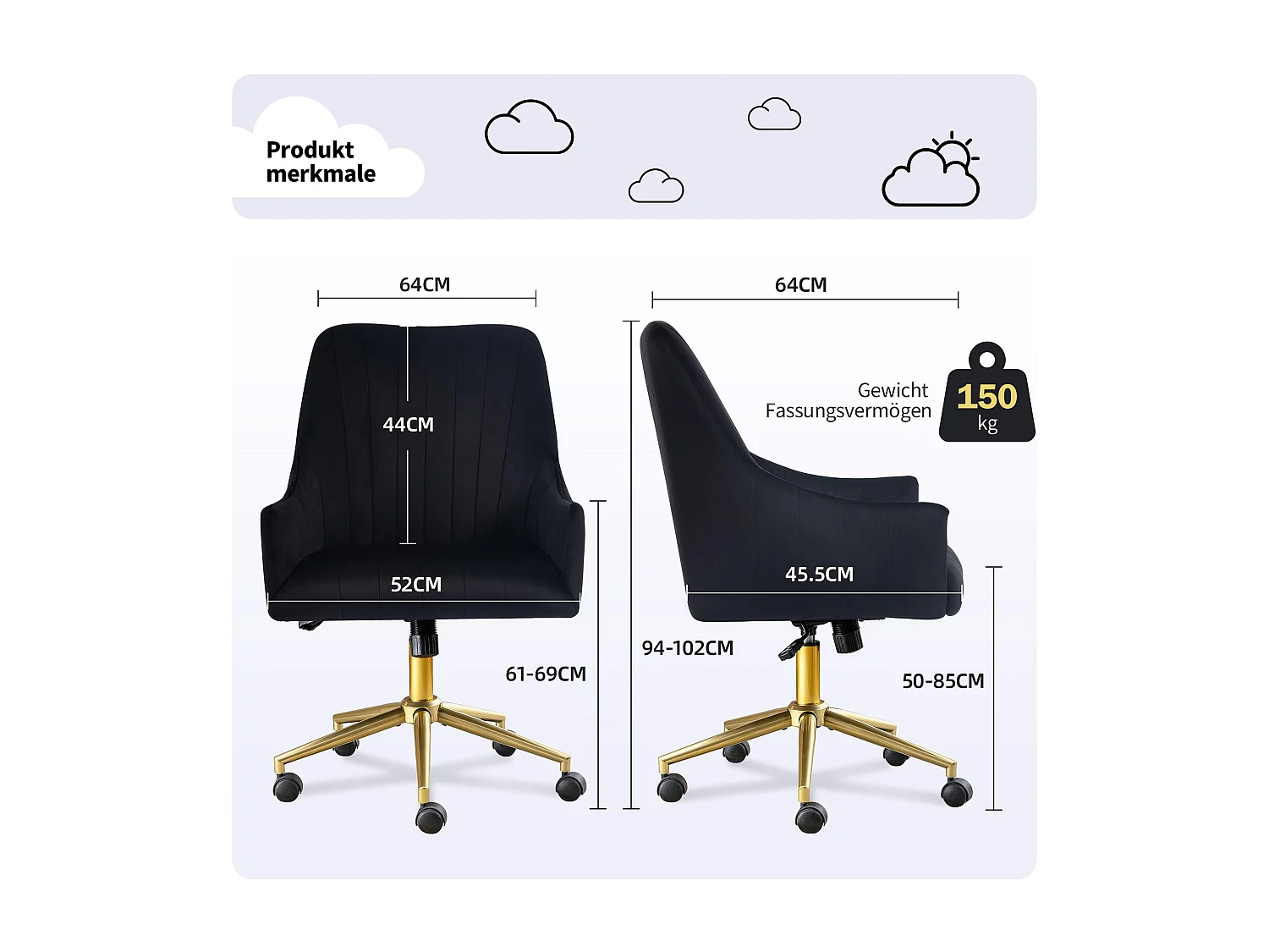 Chaise de bureau velours pivotante réglable fauteuil maquillage confortable avec roulettes 150KG