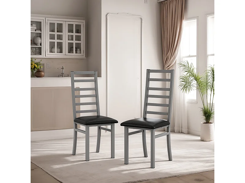 Juego de 2 sillas de comedor de metal y piel sintética con respaldo alto y sin reposabrazos, color gris