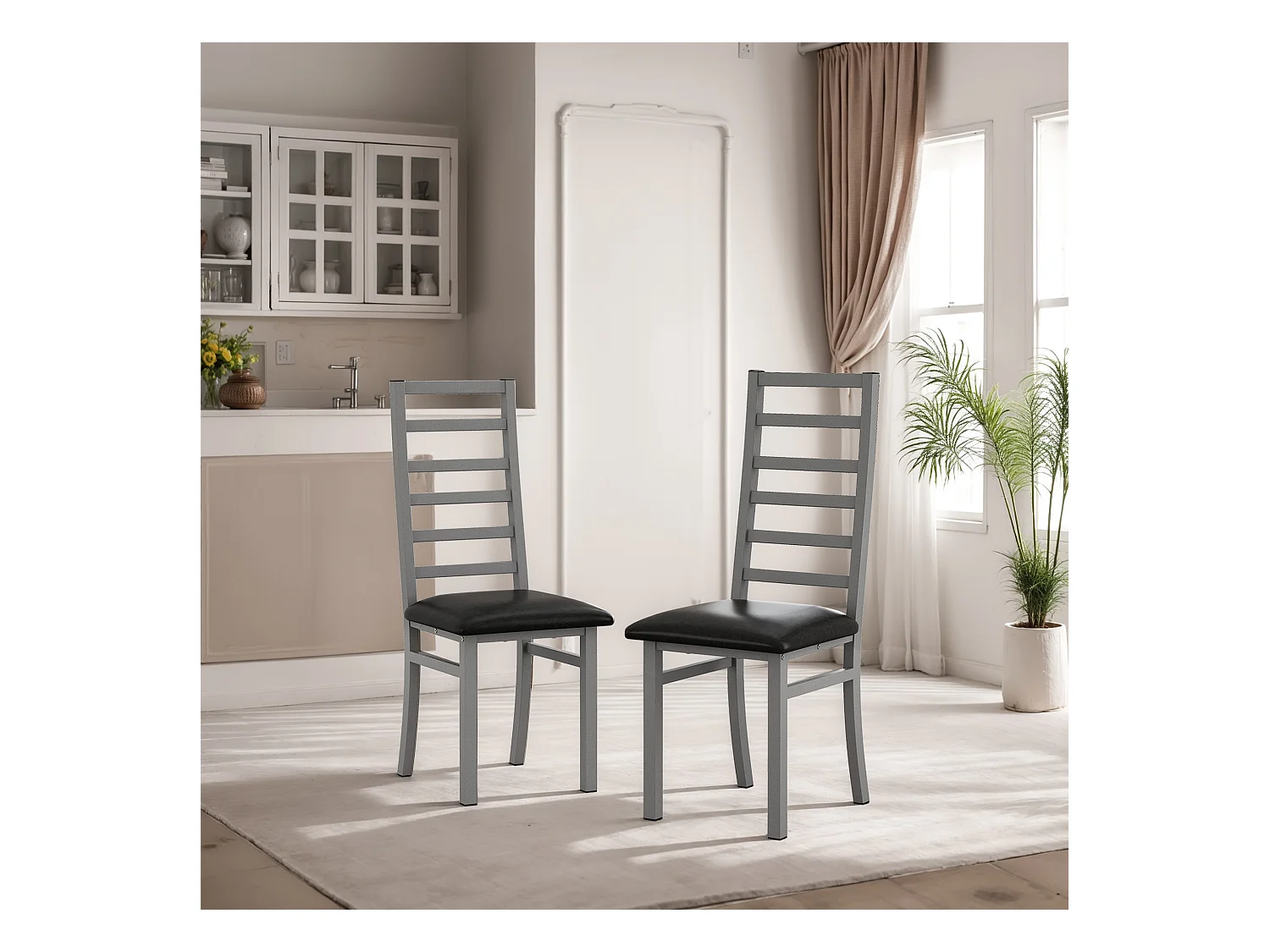 Juego de 2 sillas de comedor de metal y piel sintética con respaldo alto y sin reposabrazos, color gris