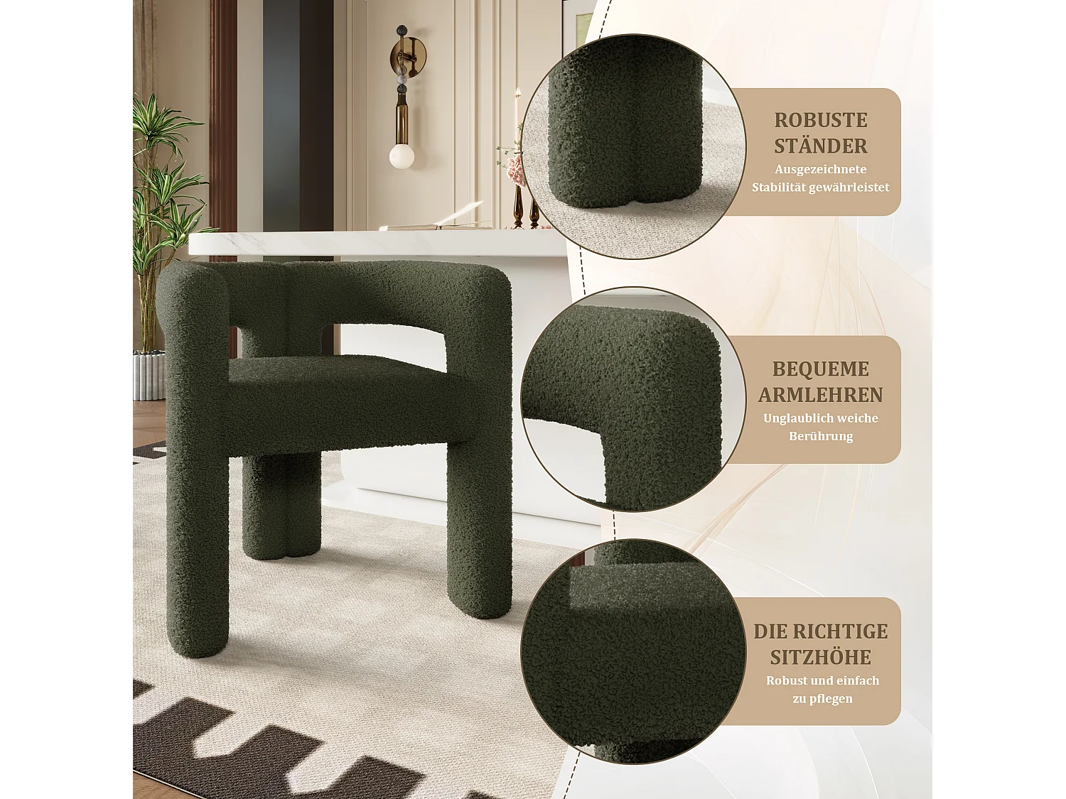 Sedia Teddy Flor dal design ergonomico e confortevole, moderna e polivalente, per camera da letto grigia