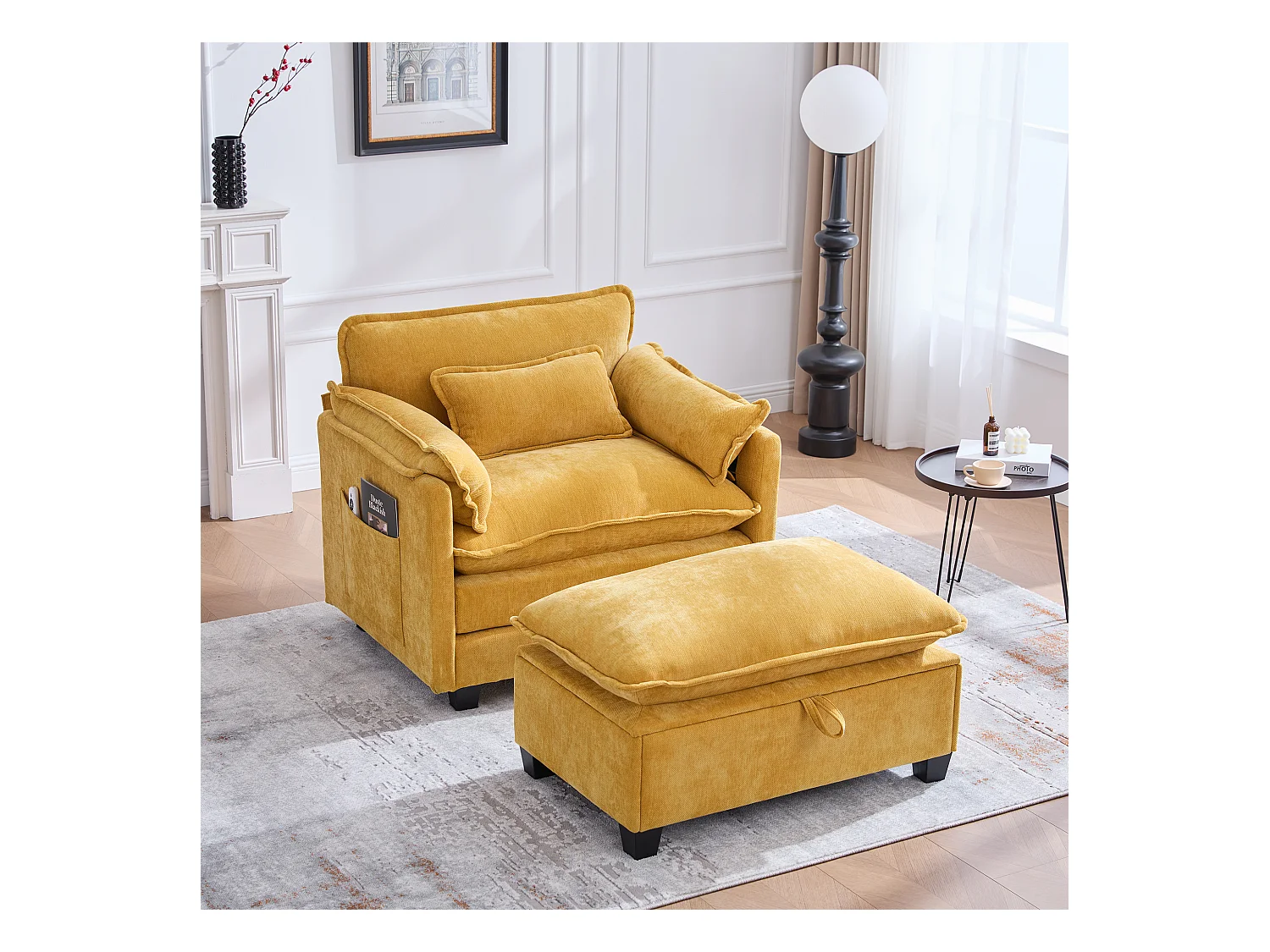Sillón extragrande de chenilla con otomana y espacio de almacenamiento en beige