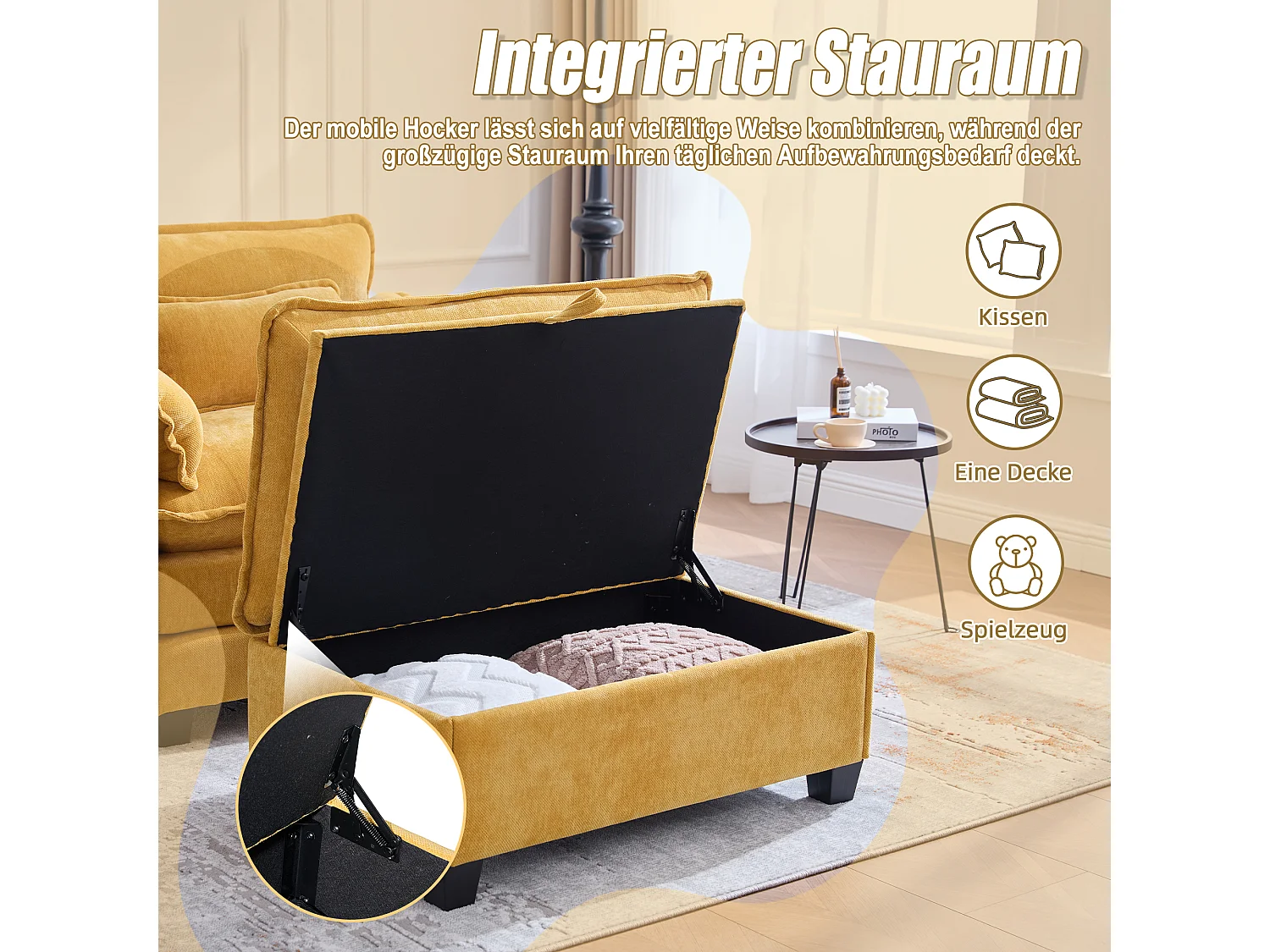 Sillón extragrande de chenilla con otomana y espacio de almacenamiento en beige