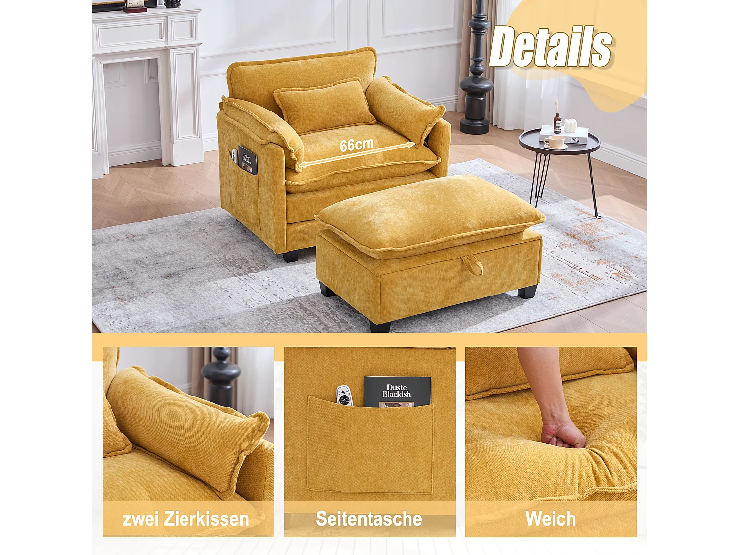 Sillón extragrande de chenilla con otomana y espacio de almacenamiento en beige