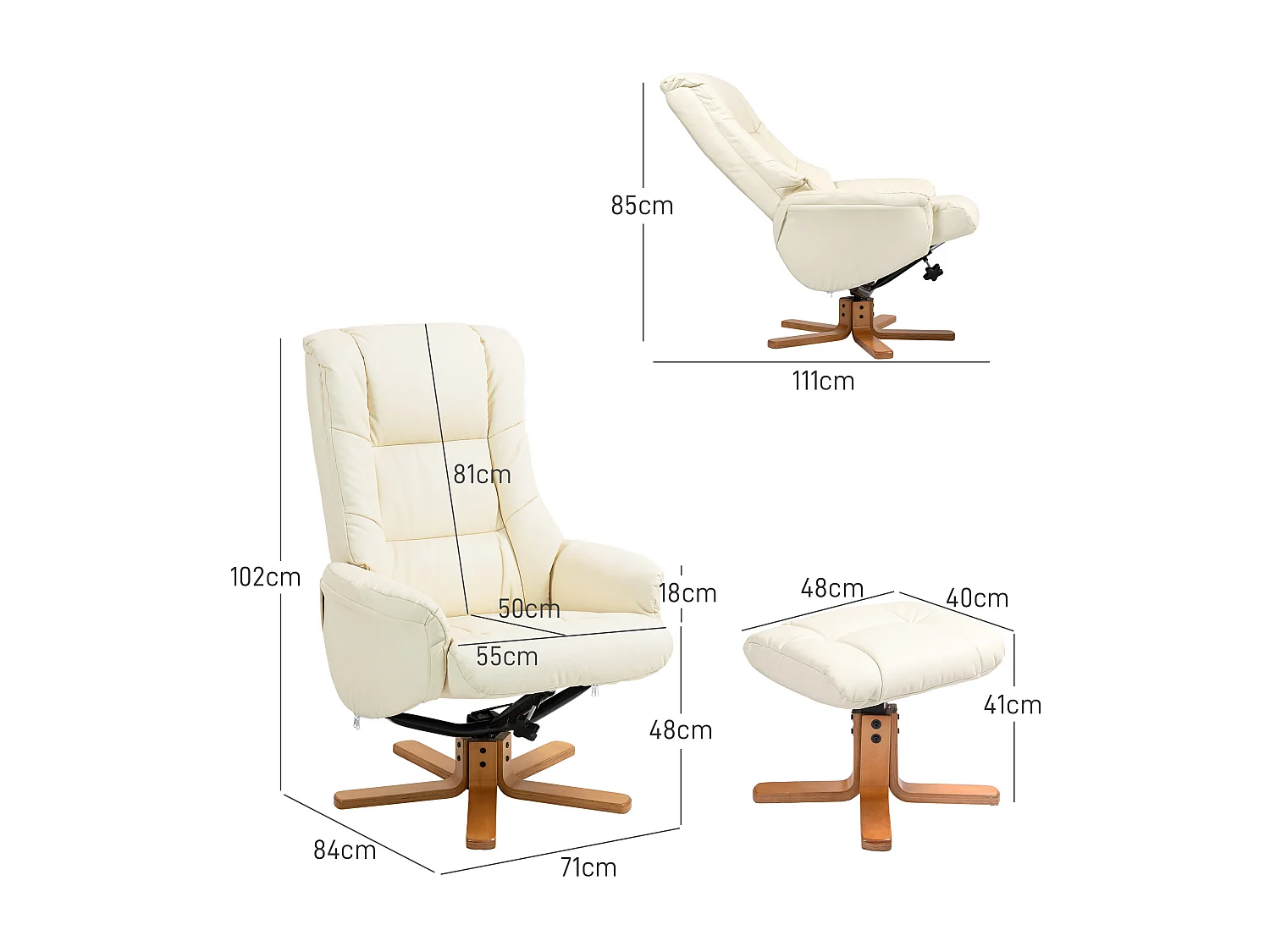 Sillón relax reclinable con reposapiés piel sintética TV salón dormitorio 71x84x102 cm