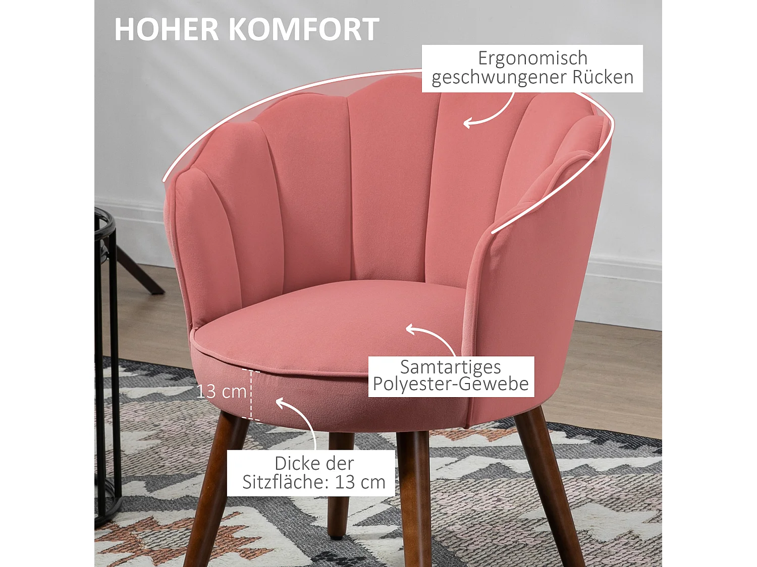 Chaise salle à manger en polyester avec dossier et accoudoirs pour salon chambre rose 66x72x79cm
