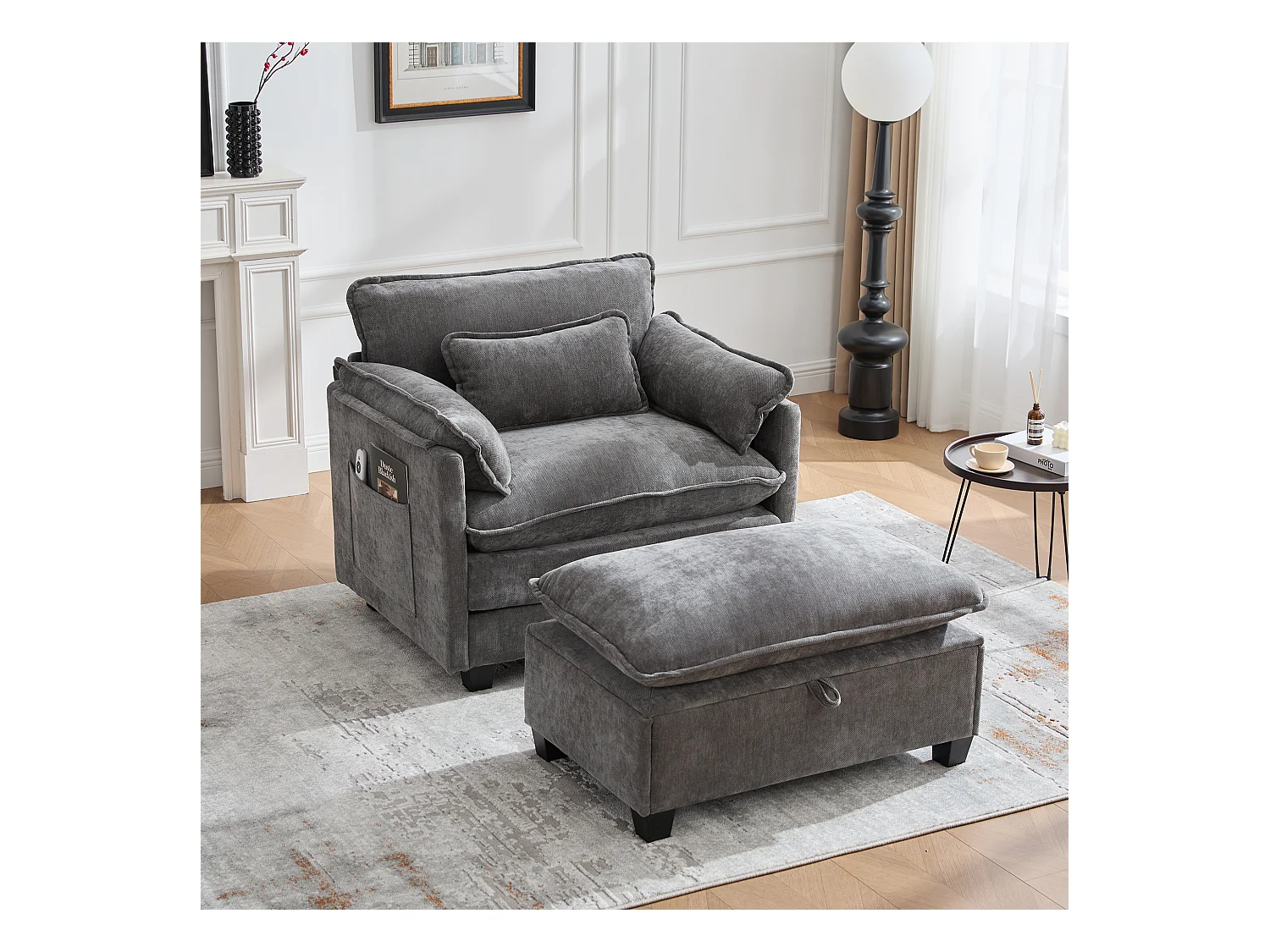 Sillón extragrande de chenilla con otomana, espacio de almacenamiento y cojines para sala de estar y dormitorio, color beige.